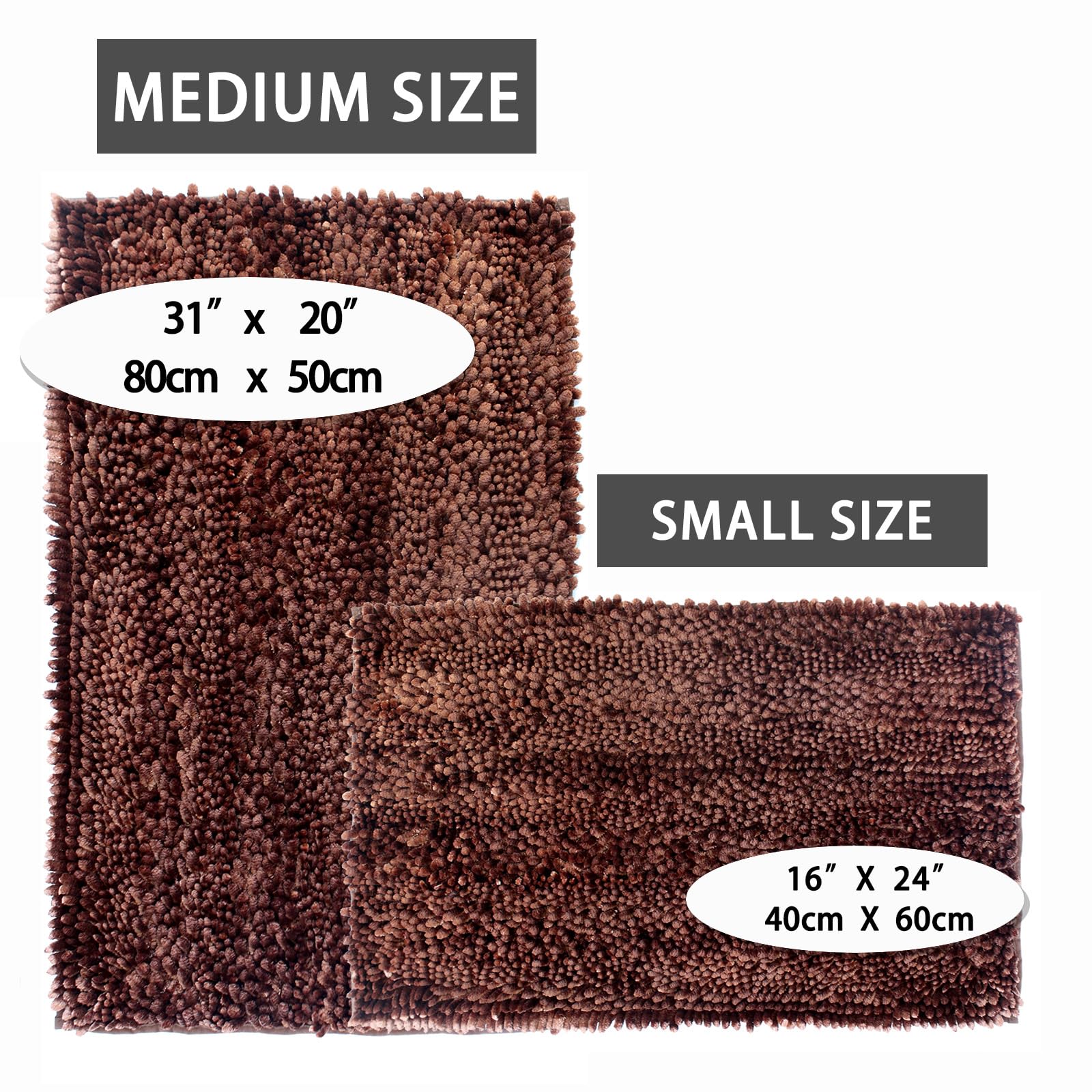 Civkor Brown Bathroom Rugs Bath Mats for Bathroom Non Slip Washable 31x20 Plus 24x16 Inch Bathroom Rug Set 2 Piece  Easy Care and Soft Noodle Chenille