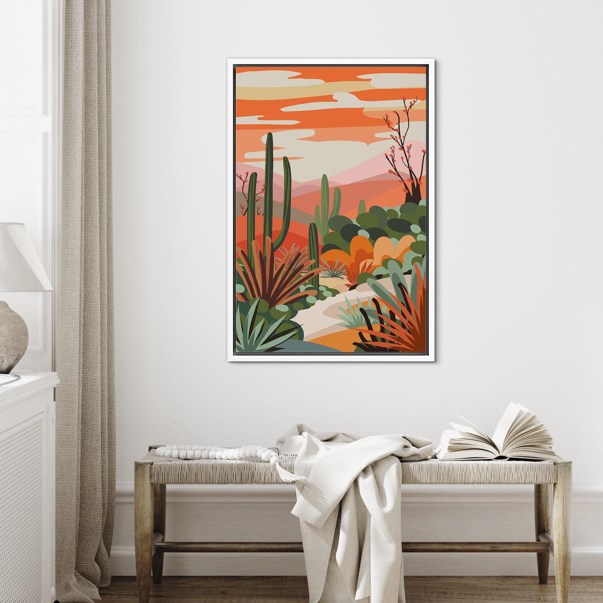 Signford Framed Canvas Print Wall Art Cactus Desert Mountain Range Nature Wilderness Illustrations Modern Art Decorative Rustic
