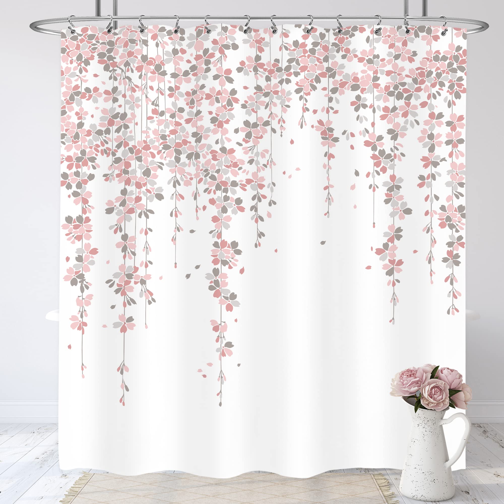 Lightinhome Grey Pink Floral Shower Curtain 60Wx72H Inches Weeping Cherry Blossom Dusty Roses Spring Flowers Bathroom Home Decor