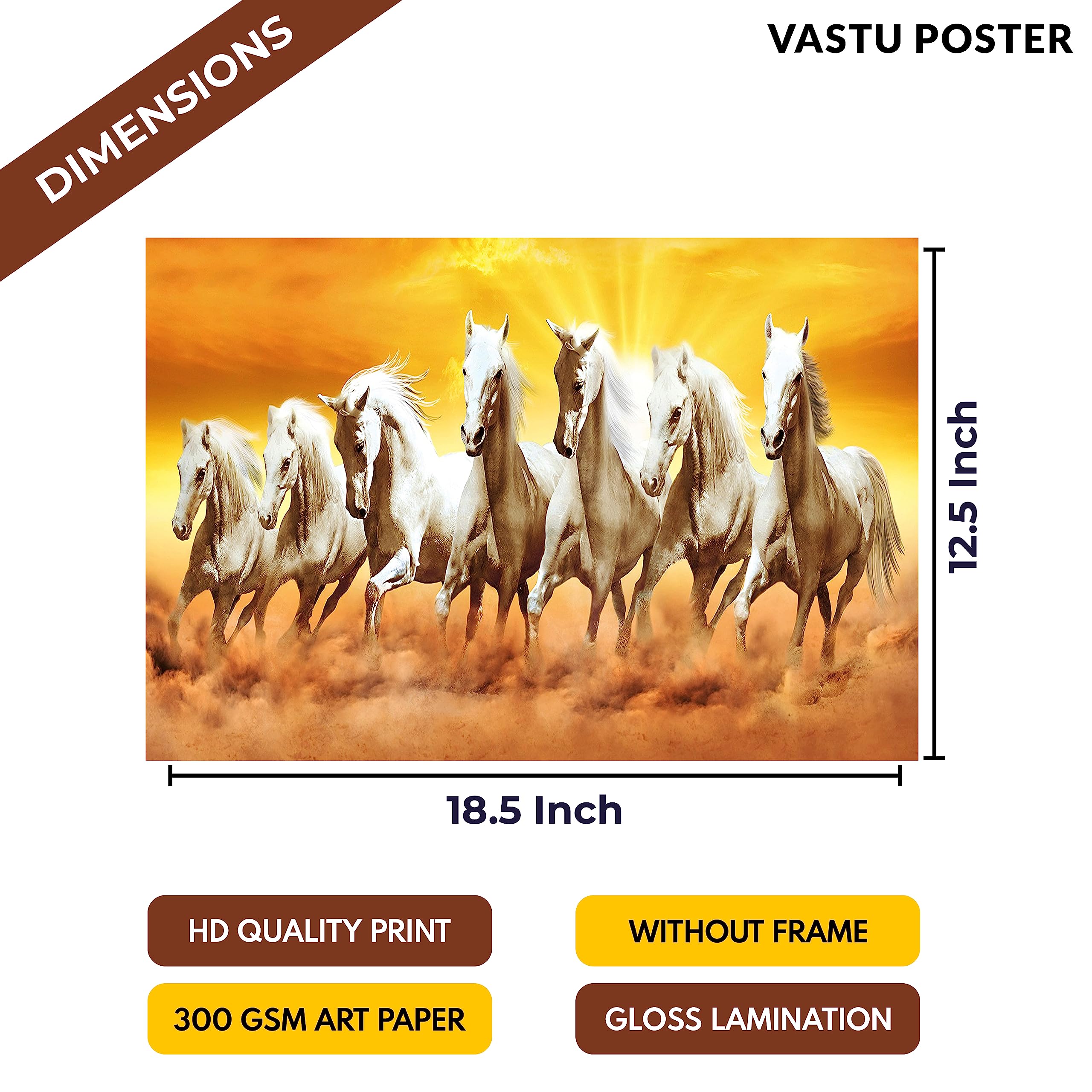 Clickedin Seven Lucky Attractive White Running Horses According To Vastu Shastra Without Frame High Glossy Laminated Wall Painti