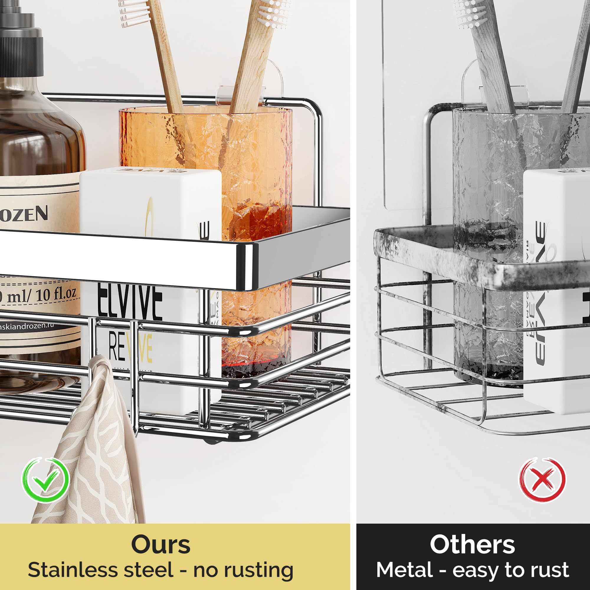 Orimade Adhesive Shower Caddy Soap Dish Holder Shelf with 5 Hooks Bathroom Organizer Basket Kitchen Storage Rack Wall Mounted No Drilling Stainless Steel - 3 Pack Silver