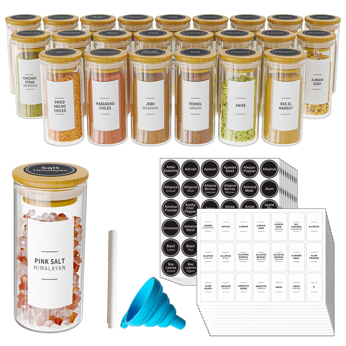 SpaceAid 24 Pcs Spice Jars with Bamboo Lids and Labels, Empty 4oz Glass Bottles, Minimalist Farmhouse Stickers with Funnel, Seas