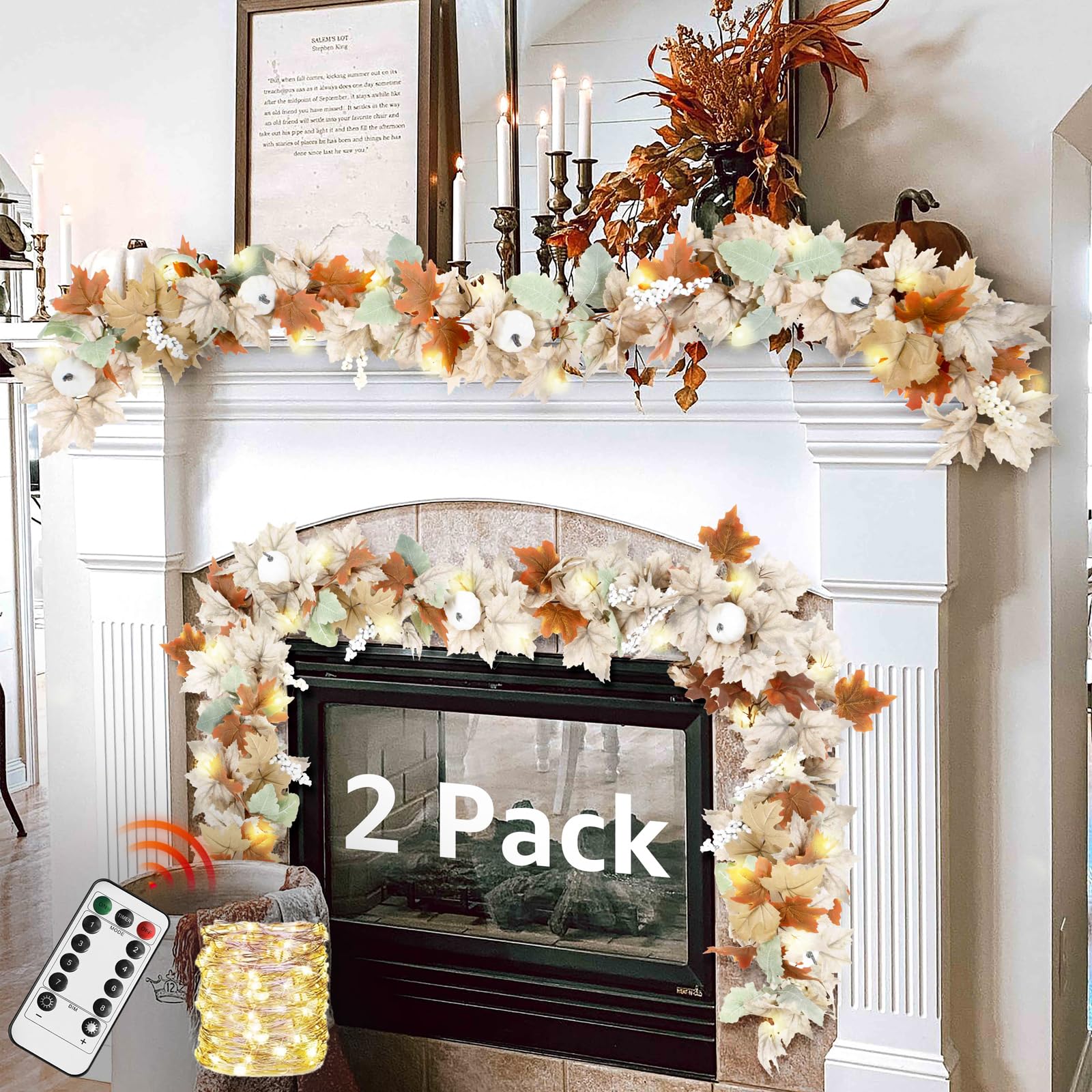 Neutral Fall Garland for Mantle Fireplace - 2 Pack 6Ft Outdoor Autumn Leaves Decor for Home Front Door with Pumpkins Indoor Mapl