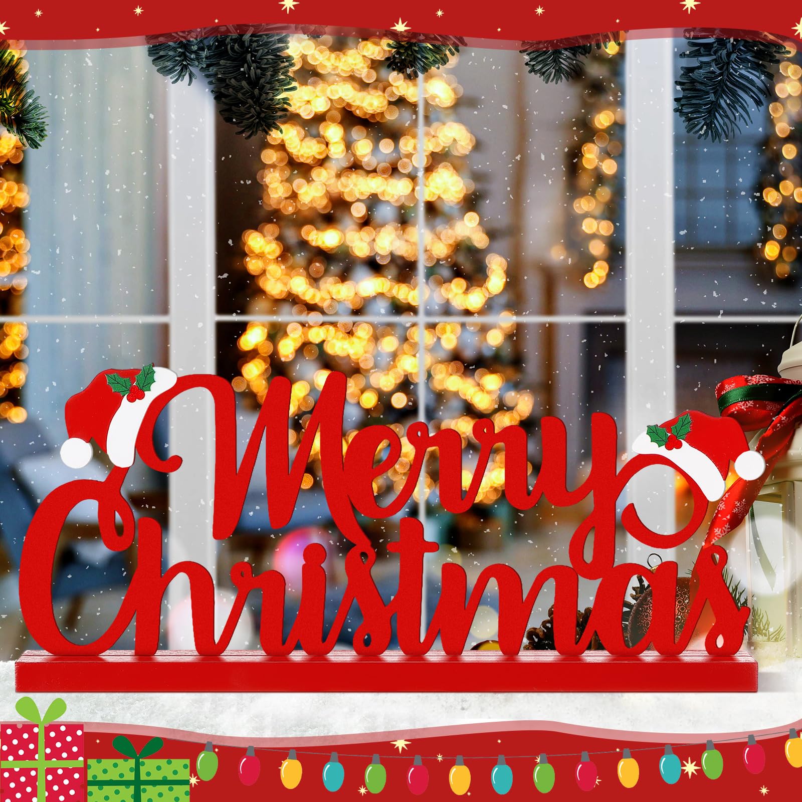 Realspring Merry Christmas Metal Sign Red Christmas Table Decoration Xmas Tiered Tray Decor Freestanding Metal Word Sign with Wo