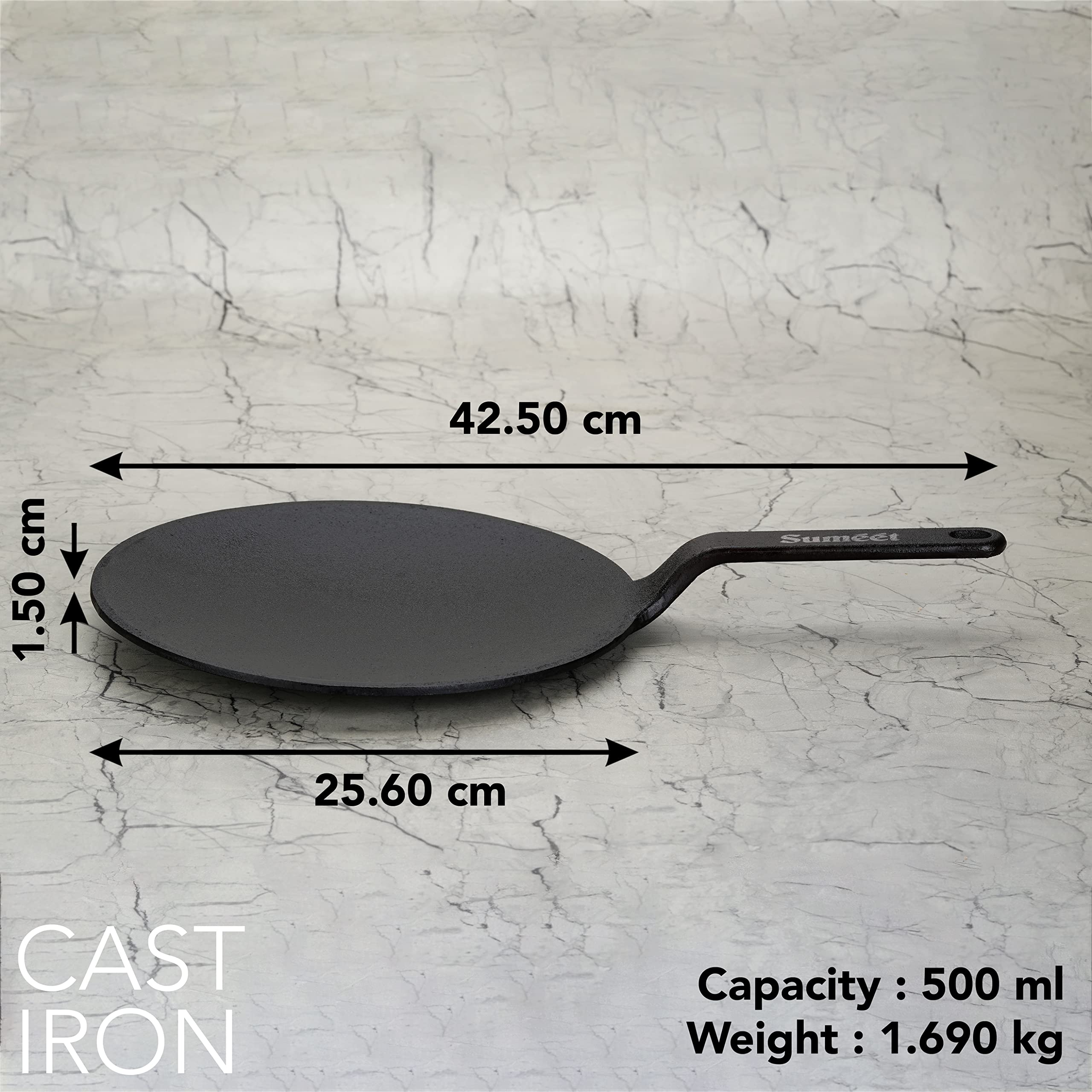 Sumeet Pre Seasoned Cast Iron Roti/Chapati Tawa, 25.6Cm, Weight- 1.690Kg, Black