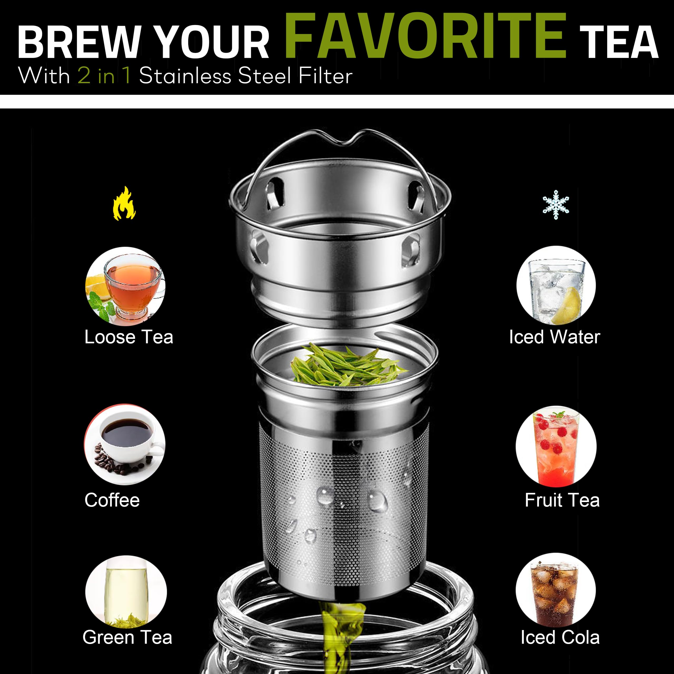 Pauzema Tea Tumbler With Infuser, 20Oz Tea Bottle With 2 In 1 Infuser, Double Wall Borosilicate Glass Tea Bottle 100% Leak-Proof