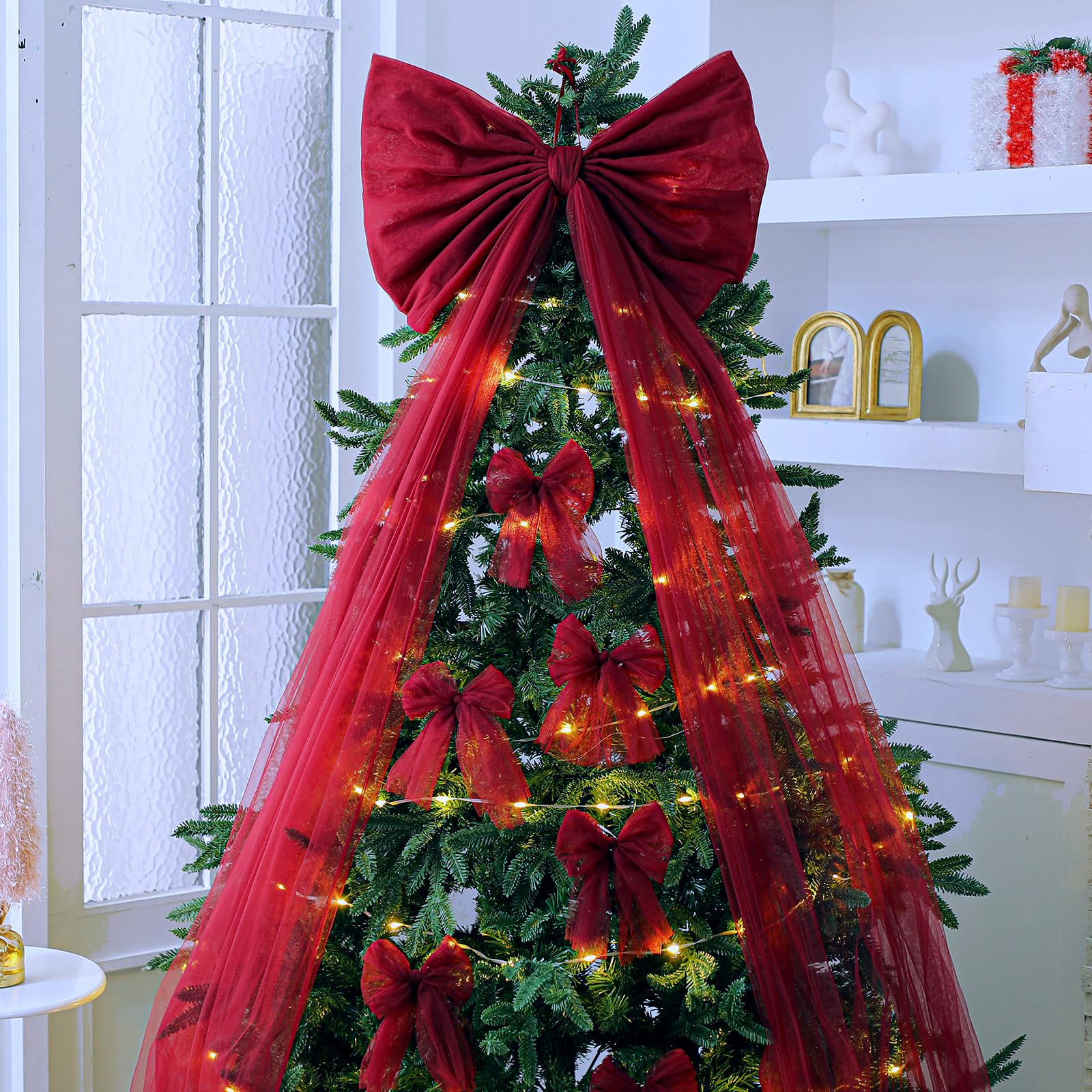 Daifunli Extra Large Mesh Christmas Tree Topper Bow 21.65 x 78.74 in with 12 Small Mesh Bow Decor Christmas Tree Topper Wreath B