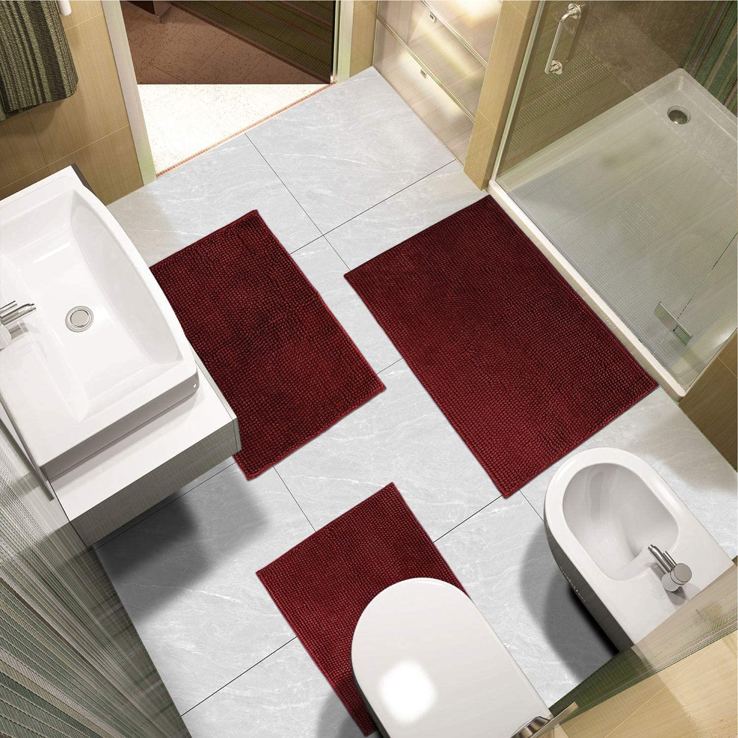 Urvoix Bathroom Rugs Set - 3 Pieces Ultra Soft Non-Slip Bath Mats  Chenille Absorbent Bath Rugs for Bathroom  Tub and Shower (Burgundy)