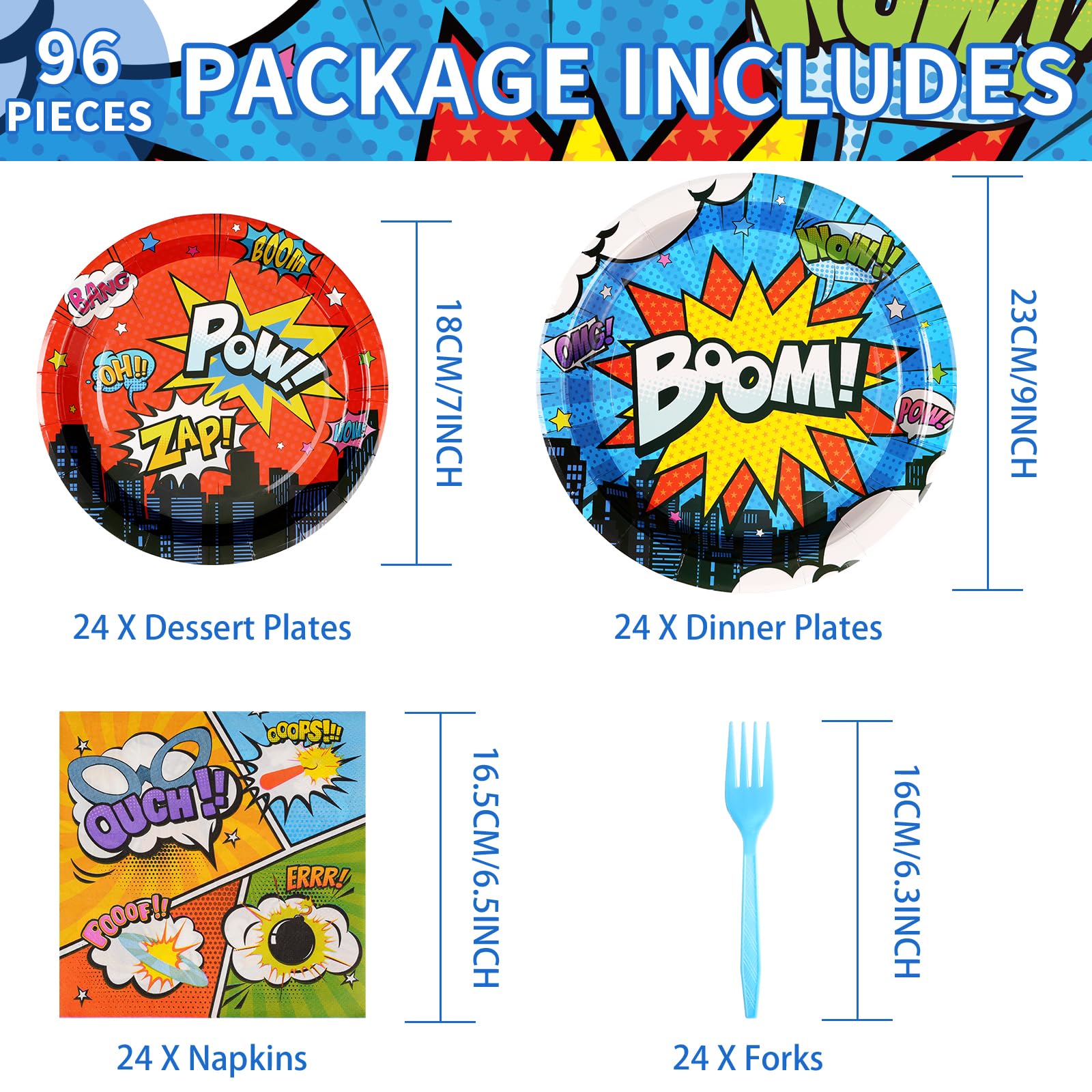 96Pcs Super Theme Hero Party Supplies Super Theme Hero Party Plates Disposabe Hero Action Party Tableware Set For Boys Birthday