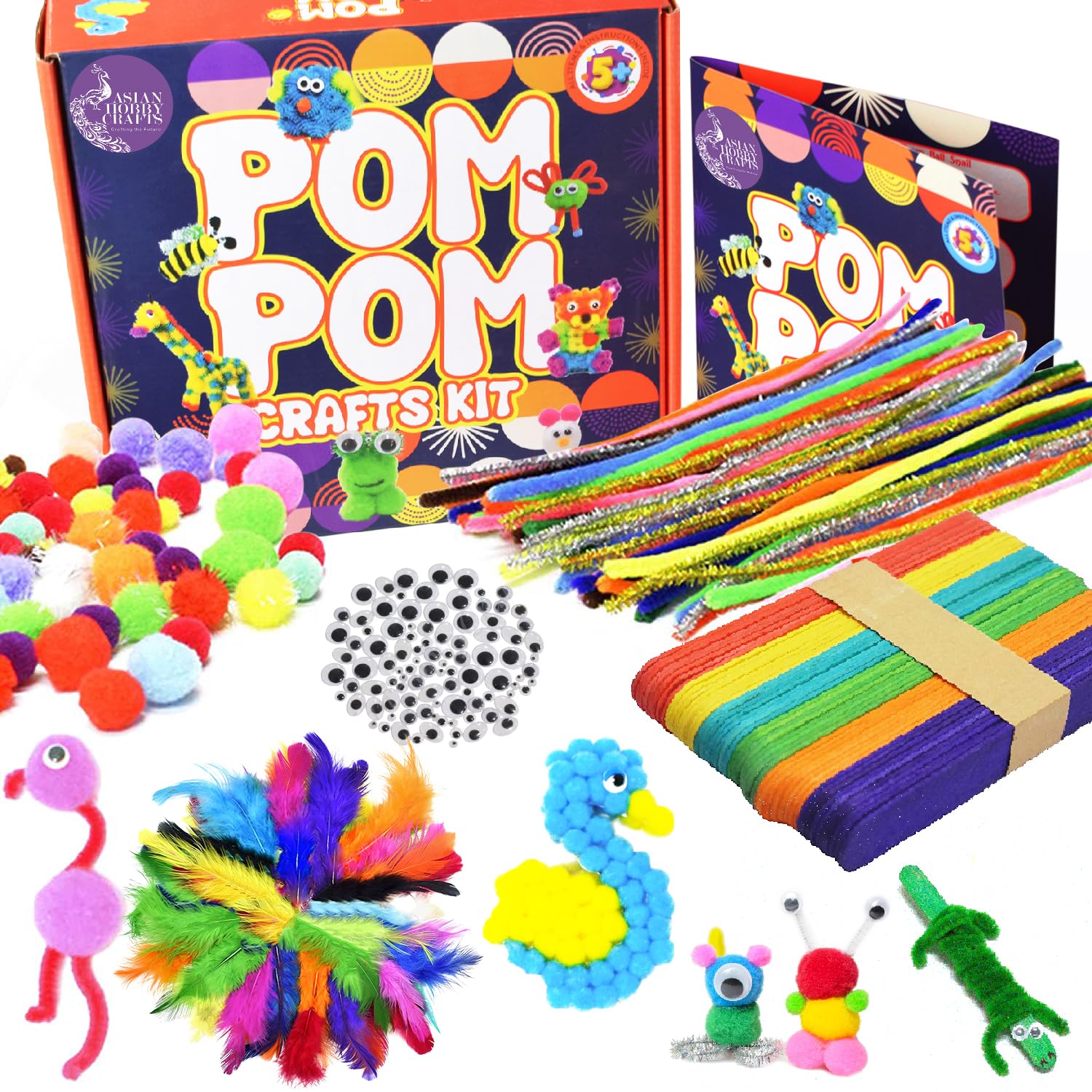 Asian Hobby Crafts Kids Pom Pom Crafts Kit With 250+ Craft Materials/Pipe Cleaners, Googly Eyes, Pompom Balls, Ice Cream Sticks,