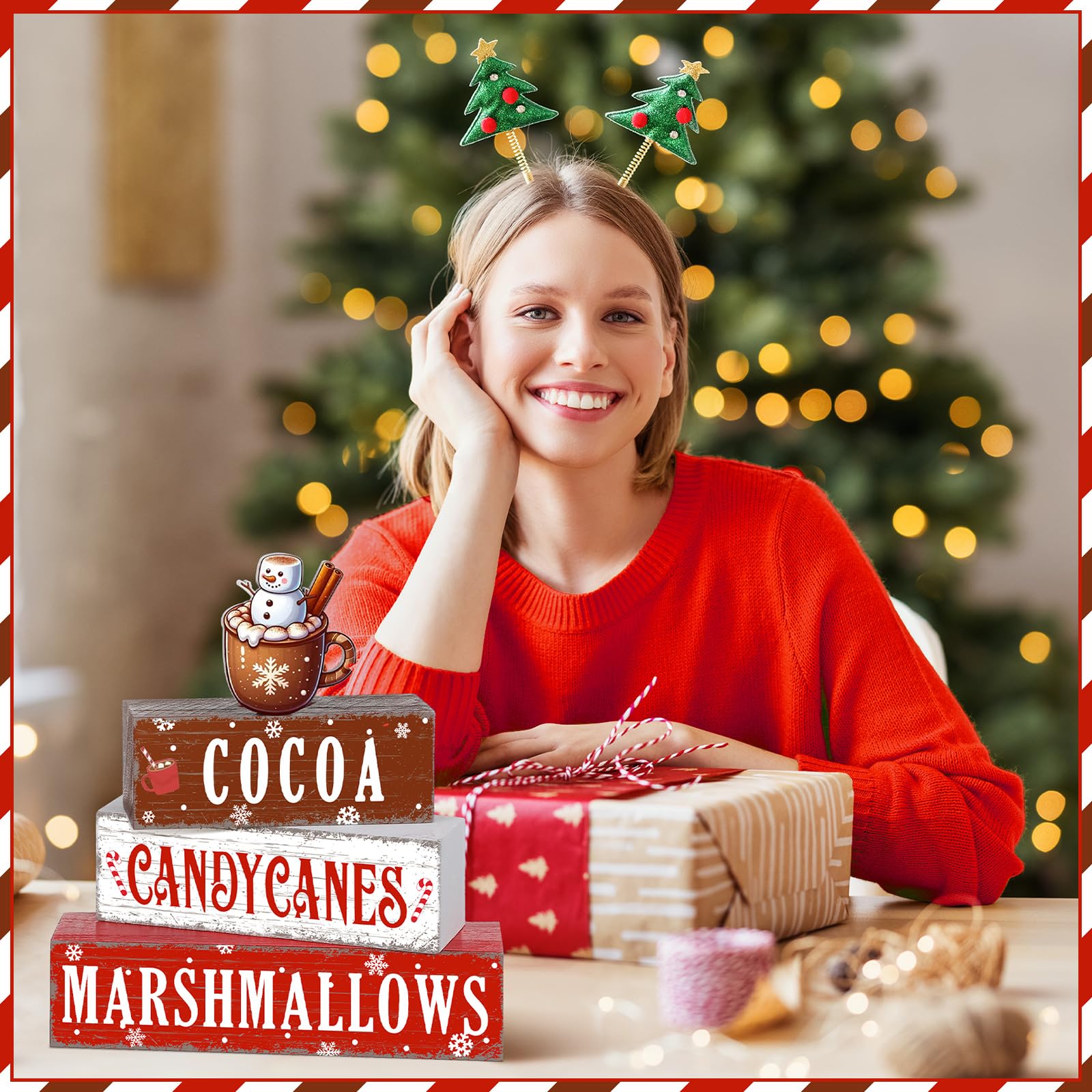 Geelin 4 Pieces Christmas Hot Cocoa Wooden Table Decorations Xmas Hot Cocoa Wooden Signs Rustic Marshmallow Tiered Tray Decor Ta