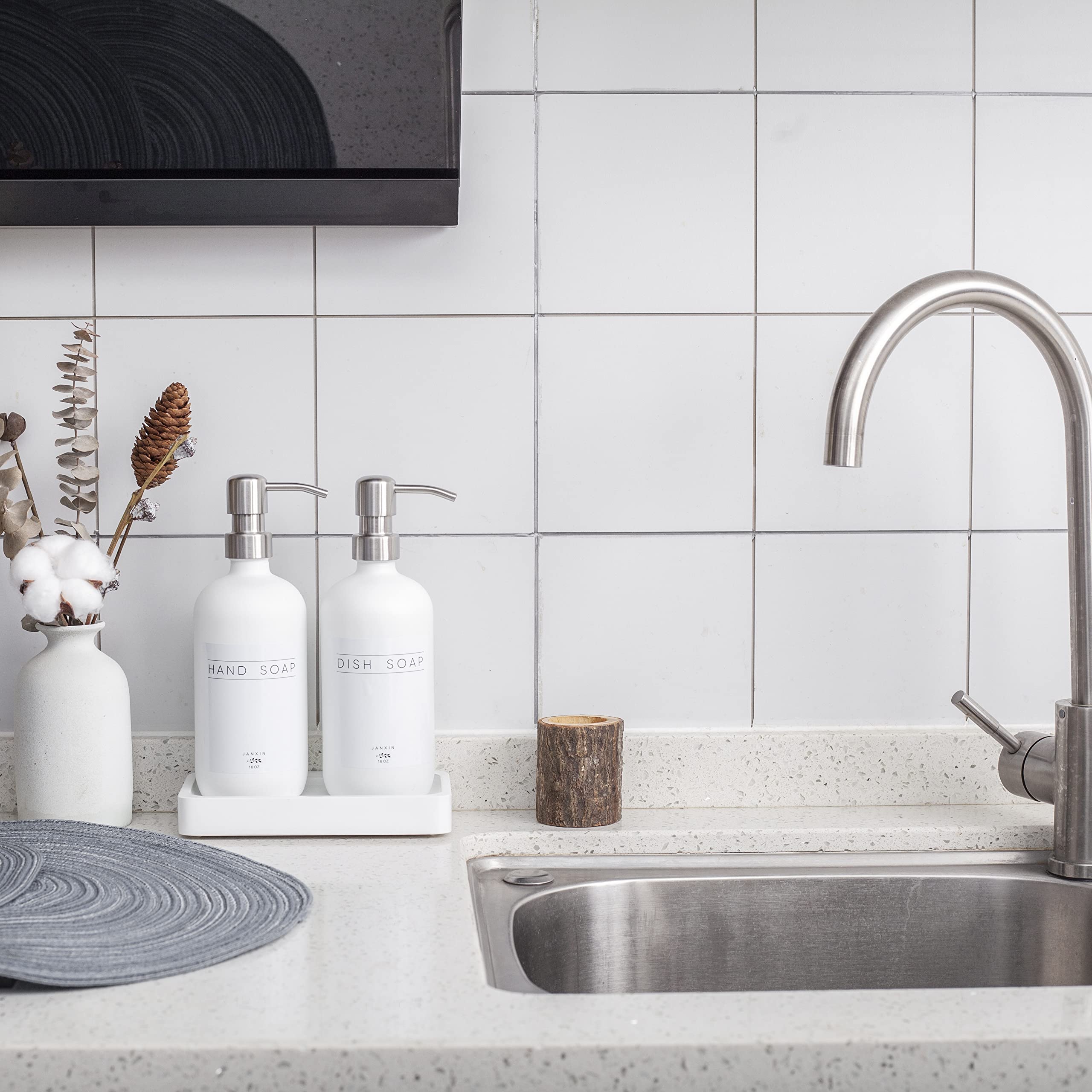 Janxin Glass Soap Dispenser for Kitchen 16oz Morden Hand and Dish Soap Dispenser with Stainless Steel Pump and Wood Tray Bathroom Soap Dispenser with Waterproof Labels (White Bottles+Silver Pumps)