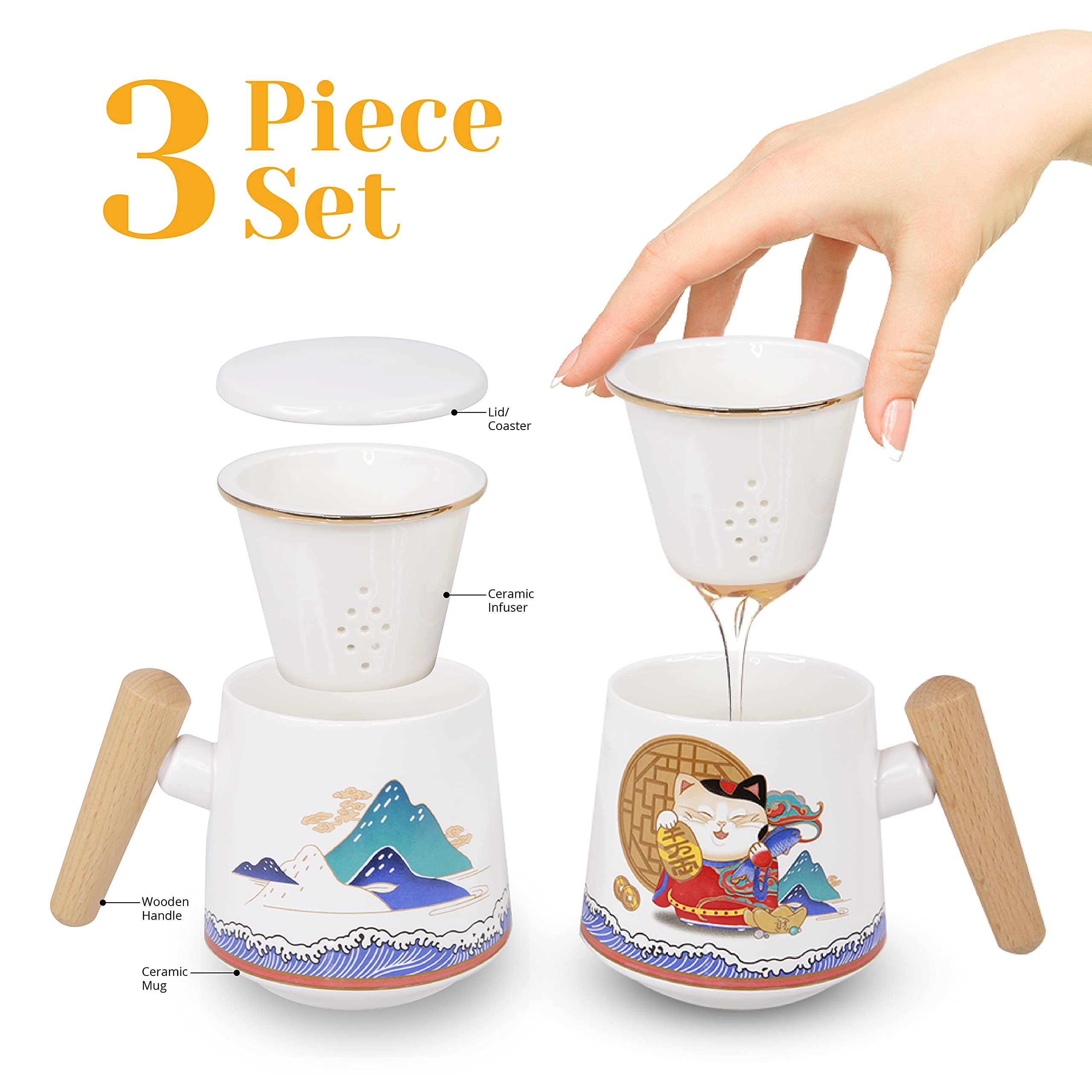 Amruta Lucky Cat Mug, Tea Cup With Infuser And Handle, 15Oz Ceramic Mug Set With Lid And Wood Handle, Great For Everyday Use Ste