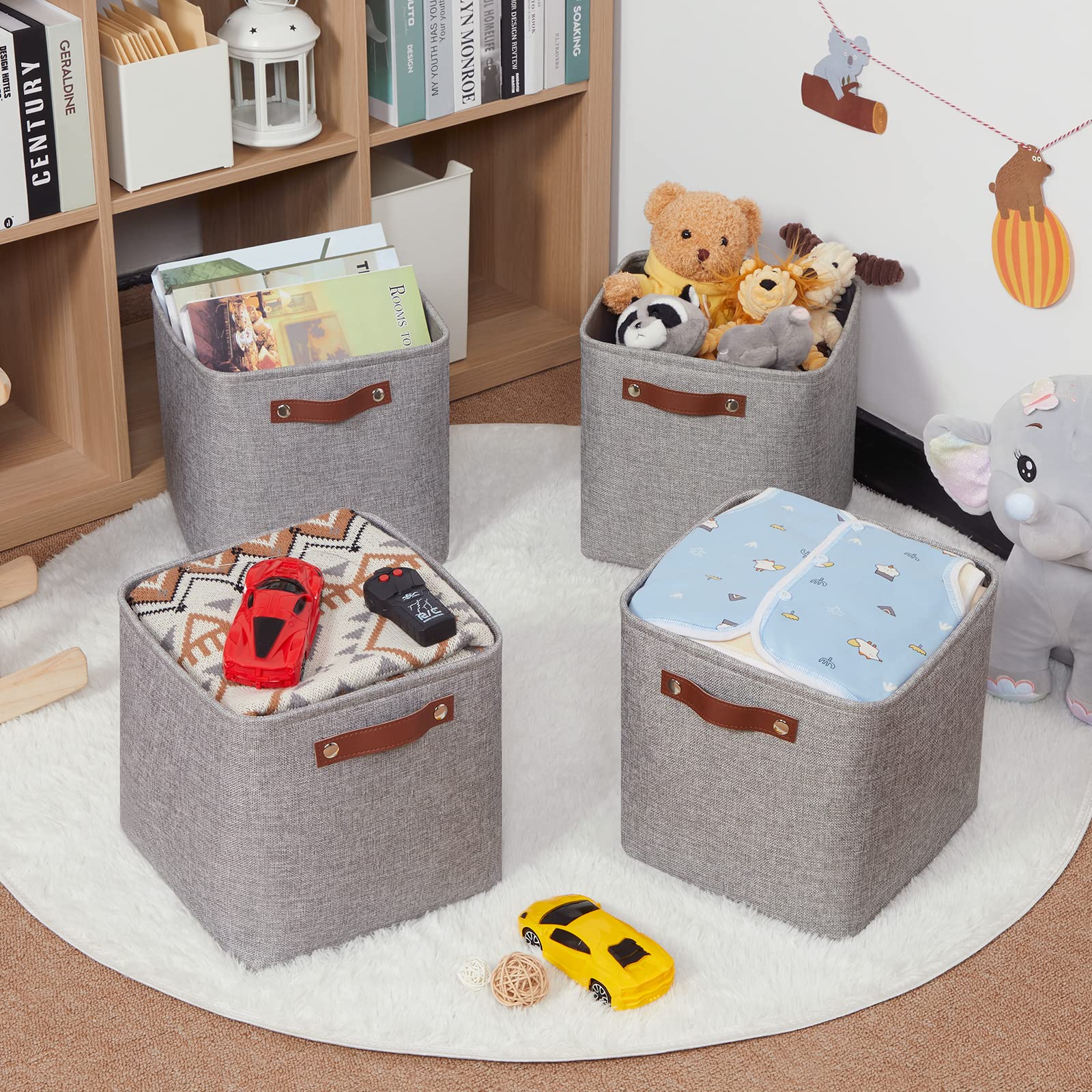 HNZIGE Collapsible Storage Basket (4Pack) Cube Storage Baskets for Organizing Shelves Fabric Baskets for Storage 11x11 Storage Basket for Dog Toys Closet Book Clothes Storage with Handles(Grey)