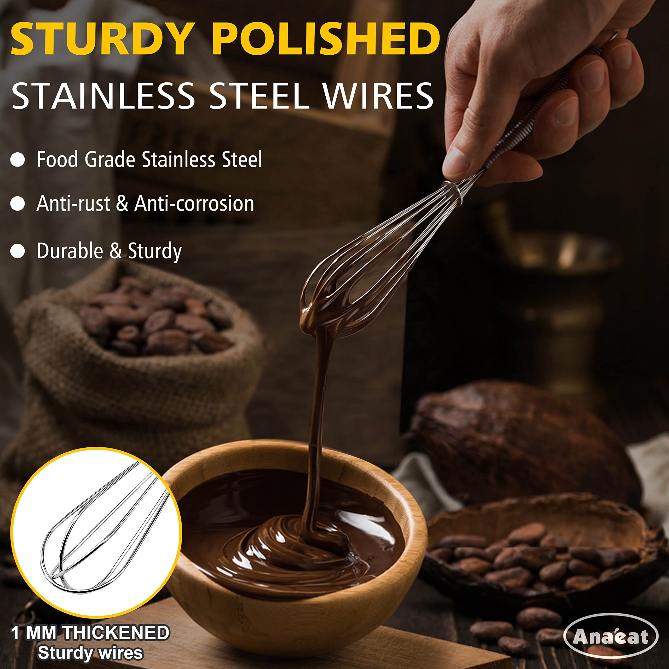 Anaeat Mini Wire Whisks Set of 2 - Stainless Steel, 5" & 7" Portable Kitchen Whisks for Cooking, Blending, Beating, Stirring