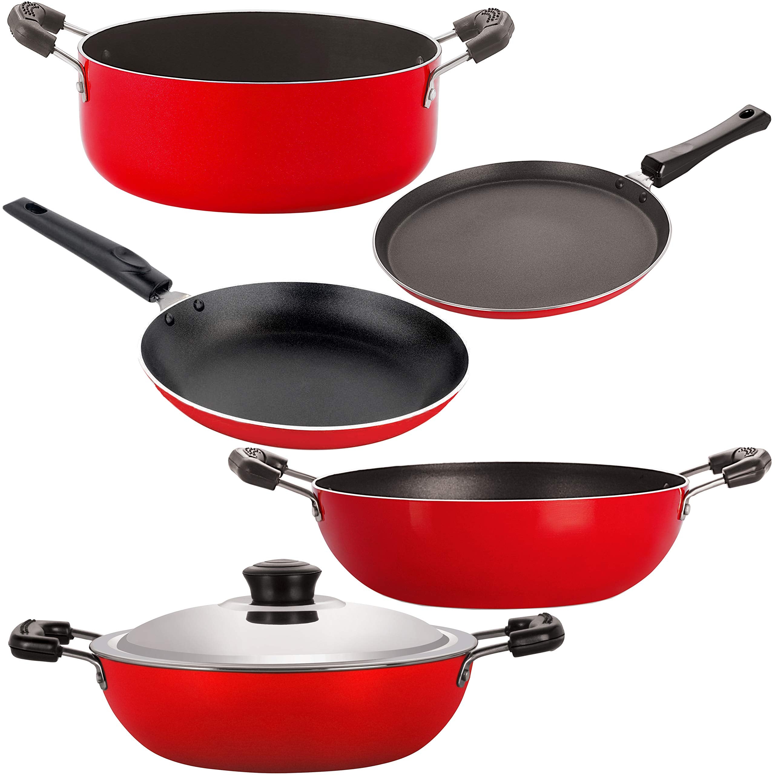 Nirlon NonStick 5 Piece NonInduction Dishwasher Safe Cookware Utensils Combo Item Gift Set With Bakelite Handle