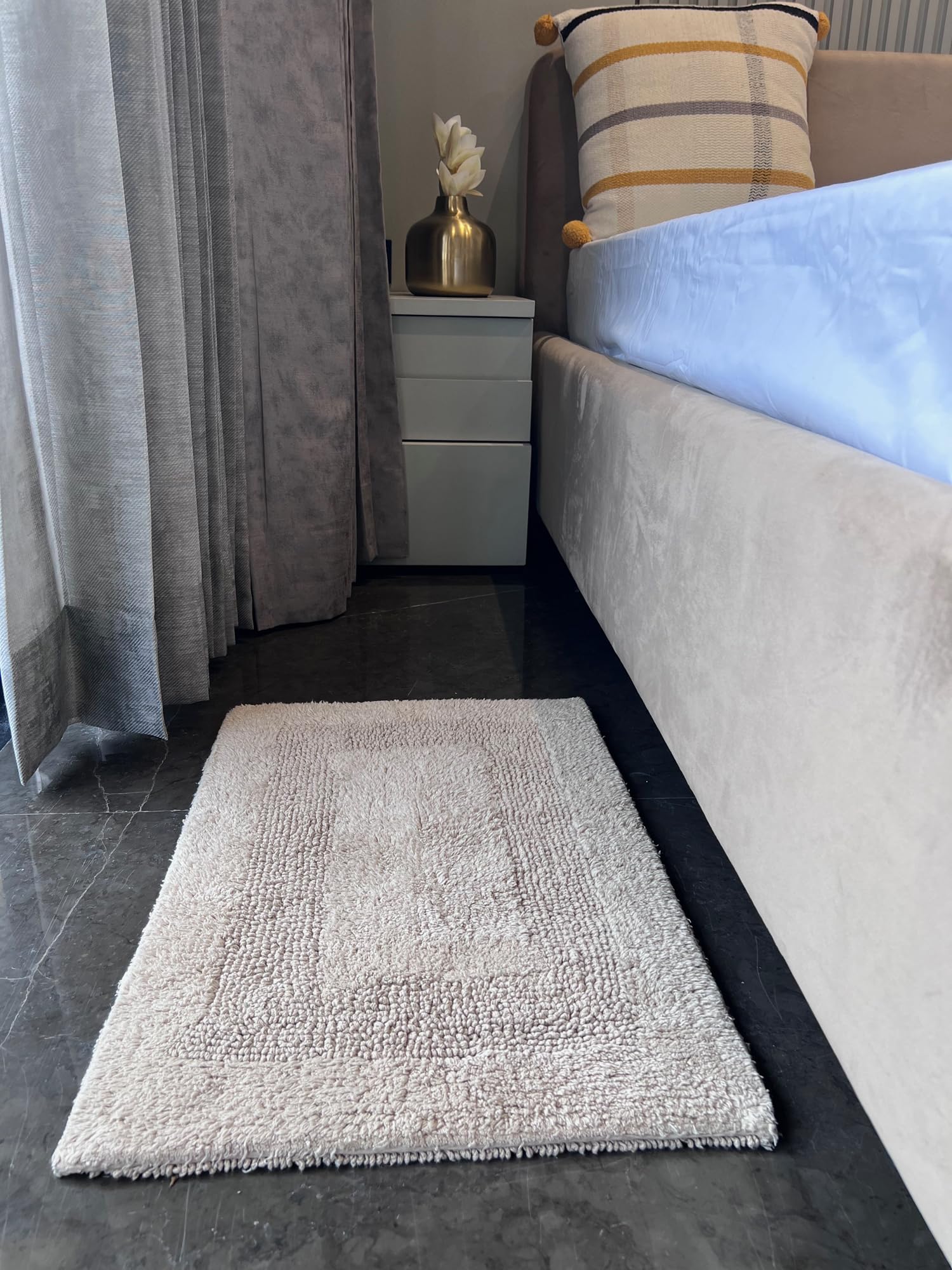 Kema Soft 100% Cotton Linen Bath Mat 17''X24'' - Regular Use Rectangular Spa Mat Rug Plush Water Absorbent, Decorative Border Fo