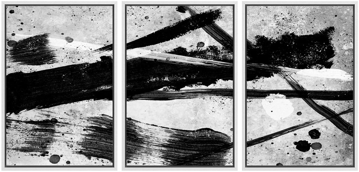 Idea4Wall Framed Wall Art Print Set Industrial Black & White Paint Strokes Abstract Shapes Illustrations Modern Art Alternative