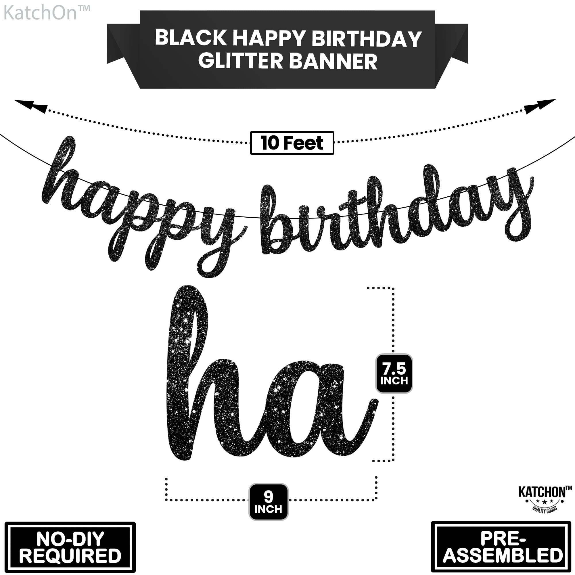 Katchon Glitter Black Happy Birthday Banner - 10 Feet, No Diy | Black Birthday Banner | Black Birthday Decorations | Happy Birth
