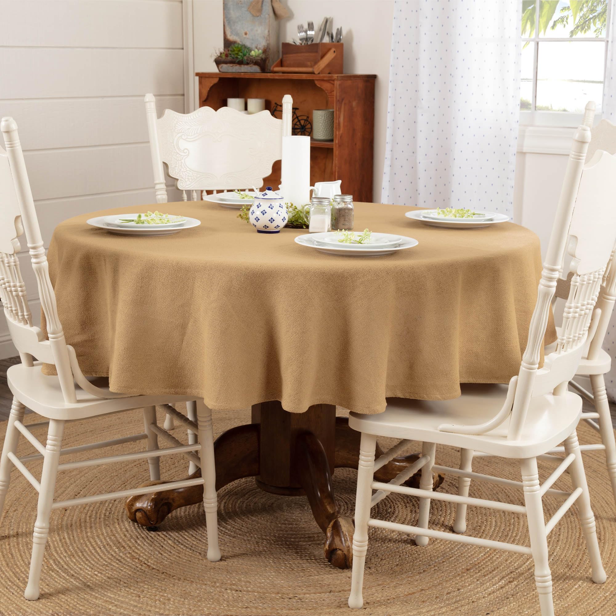 VHC Brands Burlap Farmhouse Dining Room  Kitchen Table Cloth Soft Tailored Woven Cotton in Natural Tan 60x60