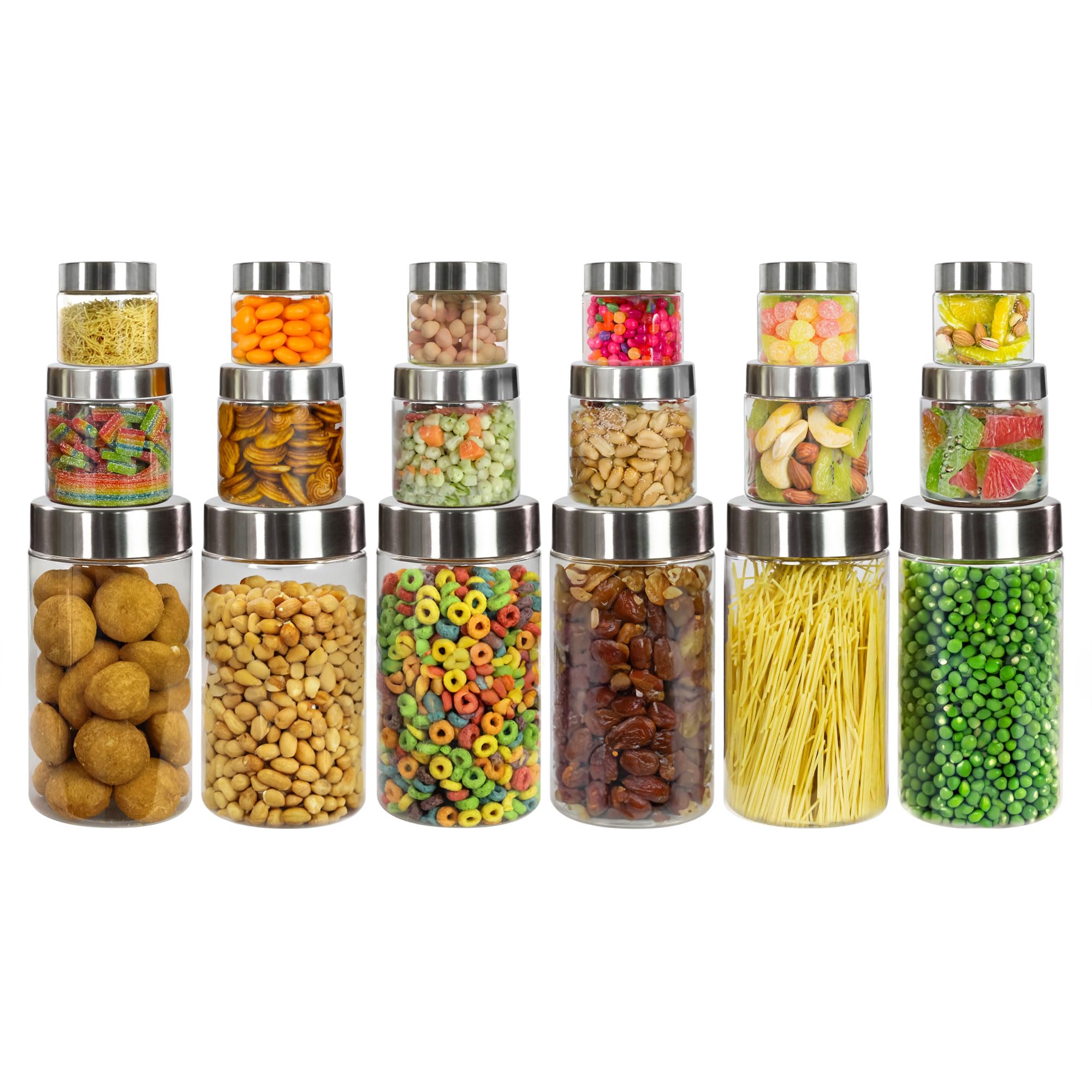 Pearlpet Plus Range Plastic Containers For Kitchen Storage With Steel Cap 200 Ml, 500 Ml, 1700 Ml Set Pack Of 18 Pcs Transparent