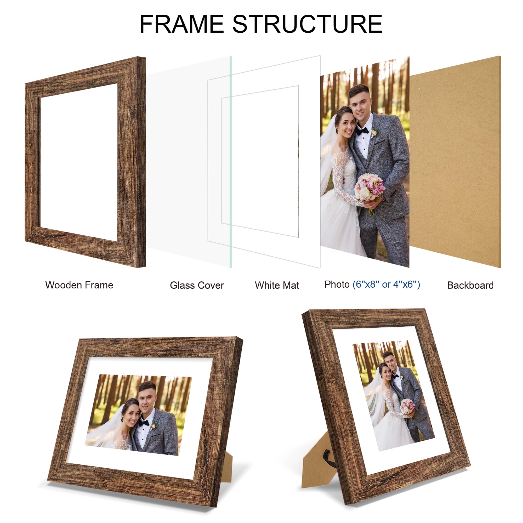 Hongkee 6x8 Picture Frame Set of 4, Made of Real Glass and Rustic Brown Frame - Display Picture 4x6 with Mat or 6x8 Without Mat,