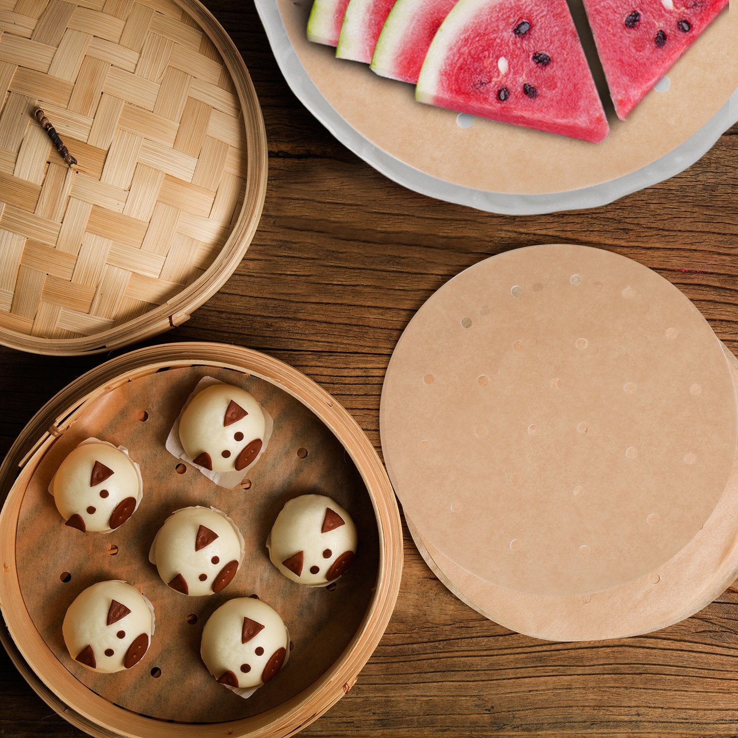 100Pcs Unbleached Air Fryer Liners, 9Inch Bamboo Steamer Liners, Vancens Premium Perforated Parchment Steaming Paper Rounds, Non
