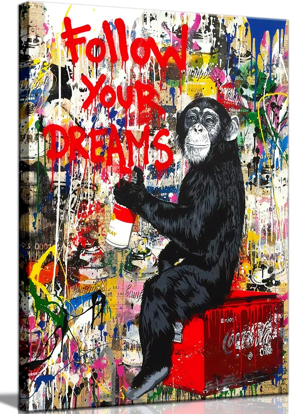 Banksy Monkey Street Graffiti Canvas Print Wall Art,-Follow Your Dreams Animal Canvas Art For Living Room Office Wall Decor Home
