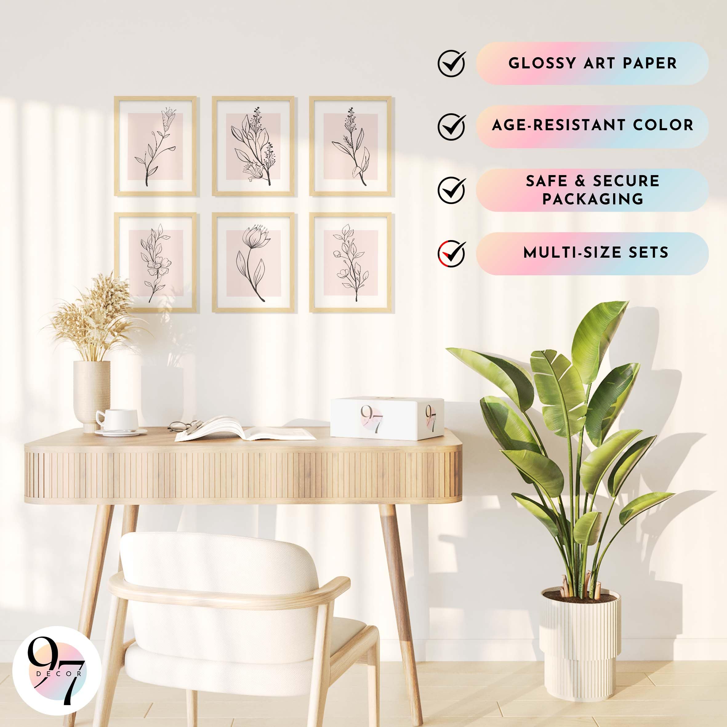 97 Decor Pink Botanical Wall Art - Pink Flower Wall Art Blush Floral Prints, Minimalist Plant Line Art Poster, Light Pink Flower