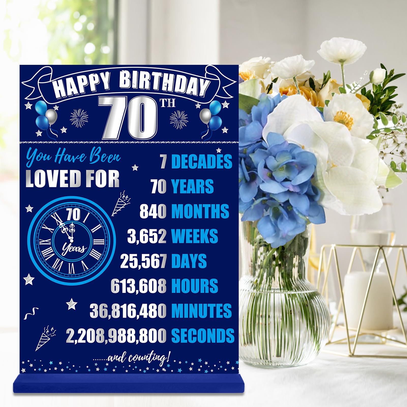 70th Birthday Decorations Back in 1955 Table Sign for Men, Blue Silver 70 Birthday Two-Sided Wooden Table Poster with Stand Part