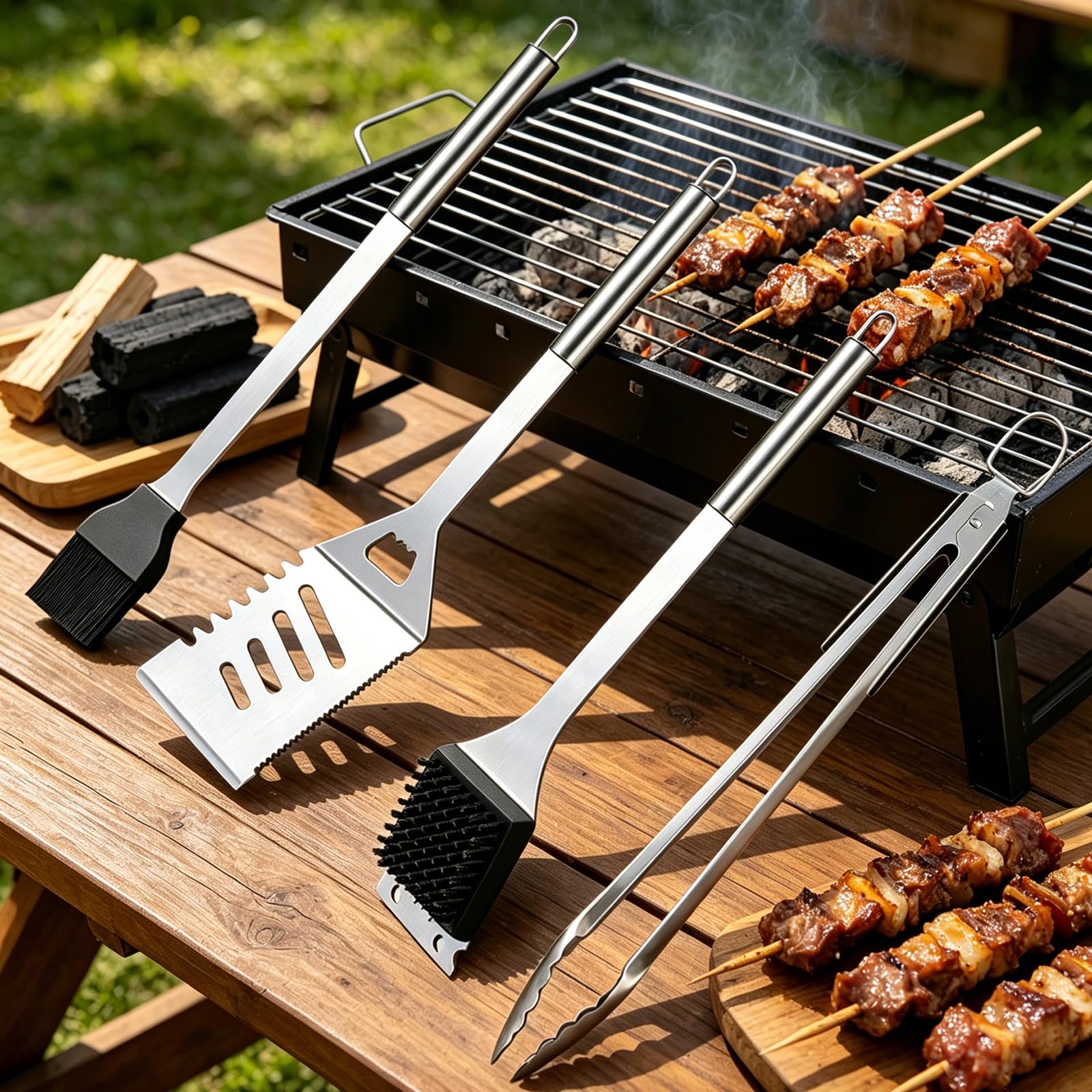 Grill Tool Set with Spatula, Tongs, Barbecue Brush and Cleaning Brush