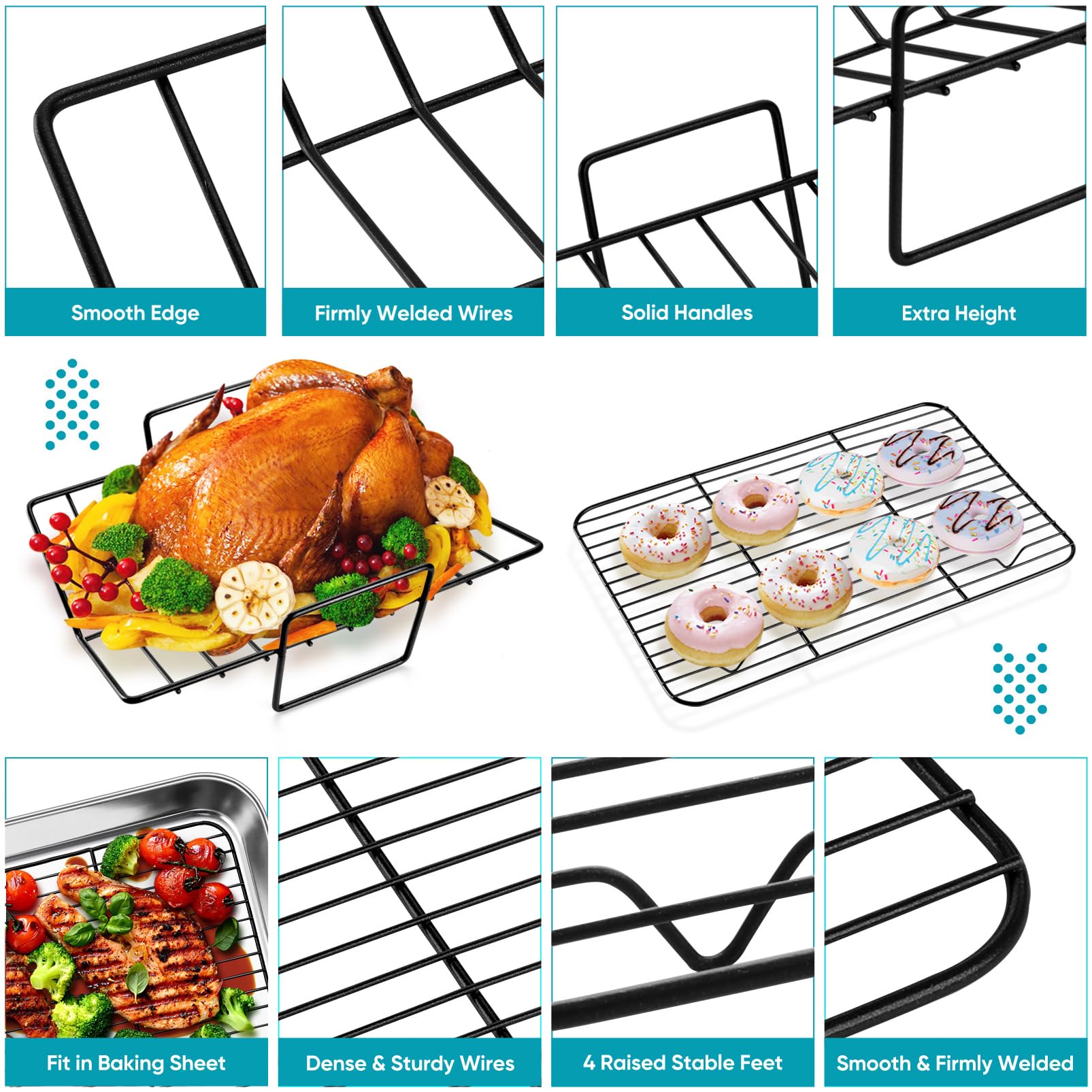 Teamfar Roasting Pan, 15 Nonstick Deep Lasagna Brownie Turkey Pan With V-Shaped Rack & Cooling Rack, With Stainless Steel Core &