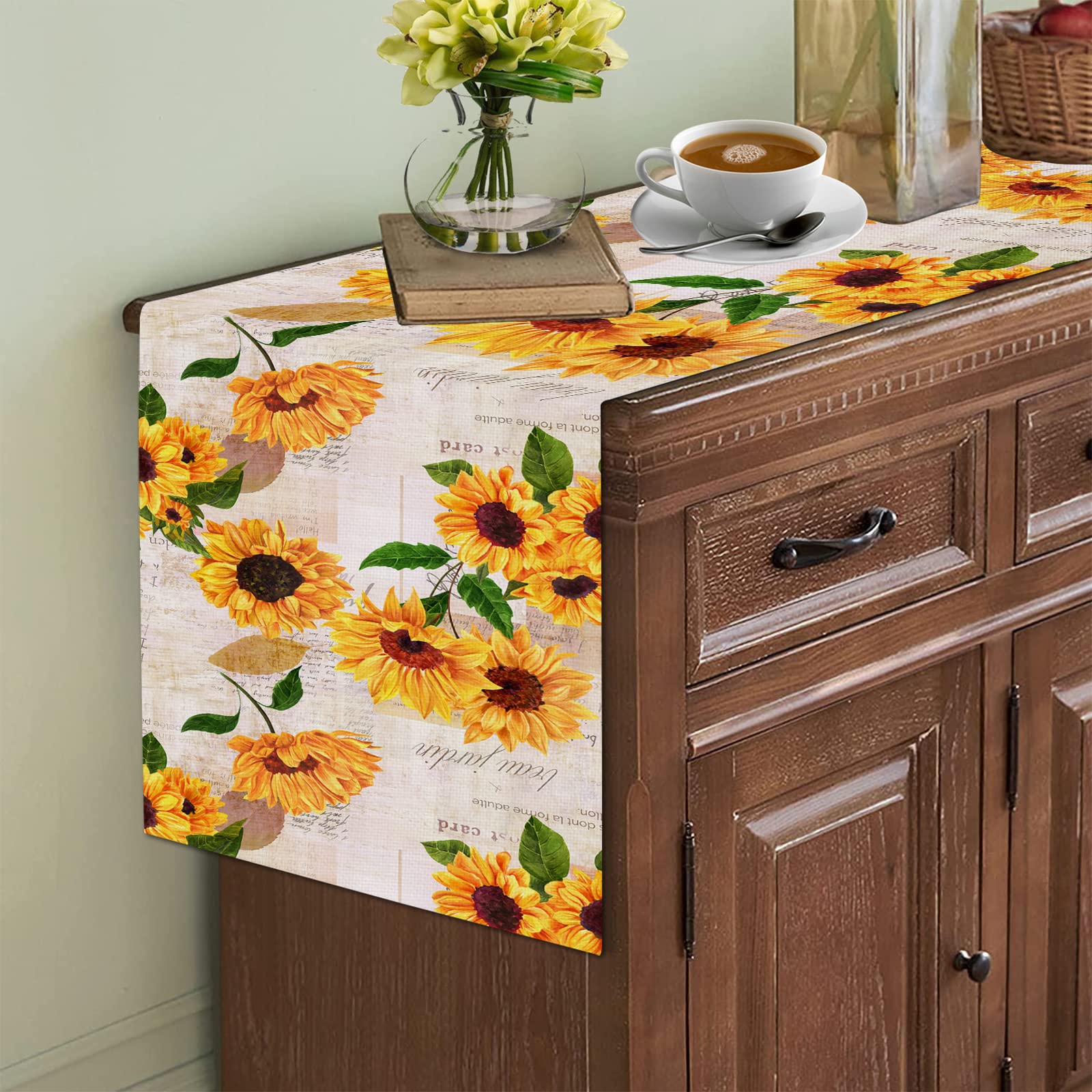 Sunflower Old Paper Rustic Table Runner Burlap Linen Table Runner Farmhouse Kitchen Decor For Home Party And Dining Room Dresser