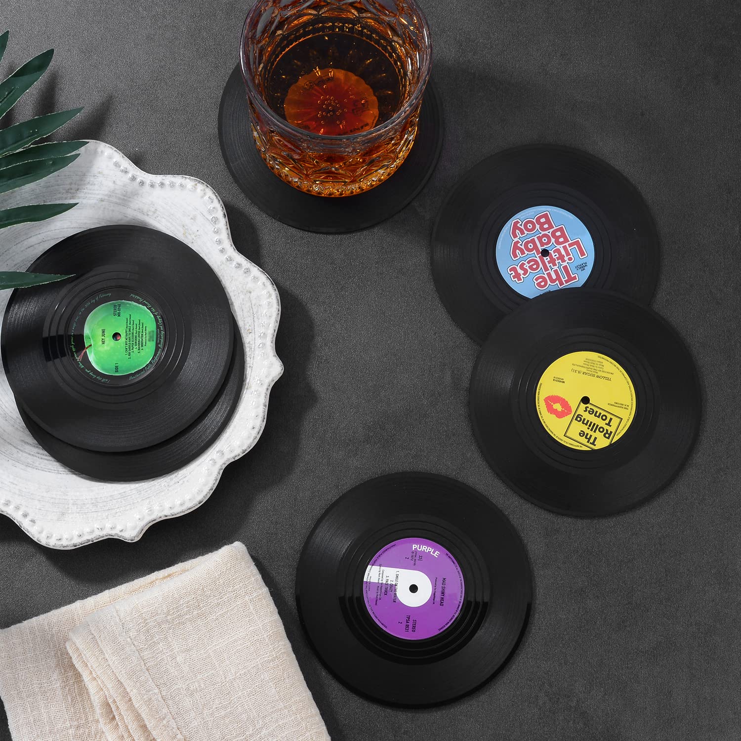 MECOWON Music Coasters with Vinyl Record Player Holder  Set of 6 Drink Coasters for Music Lovers