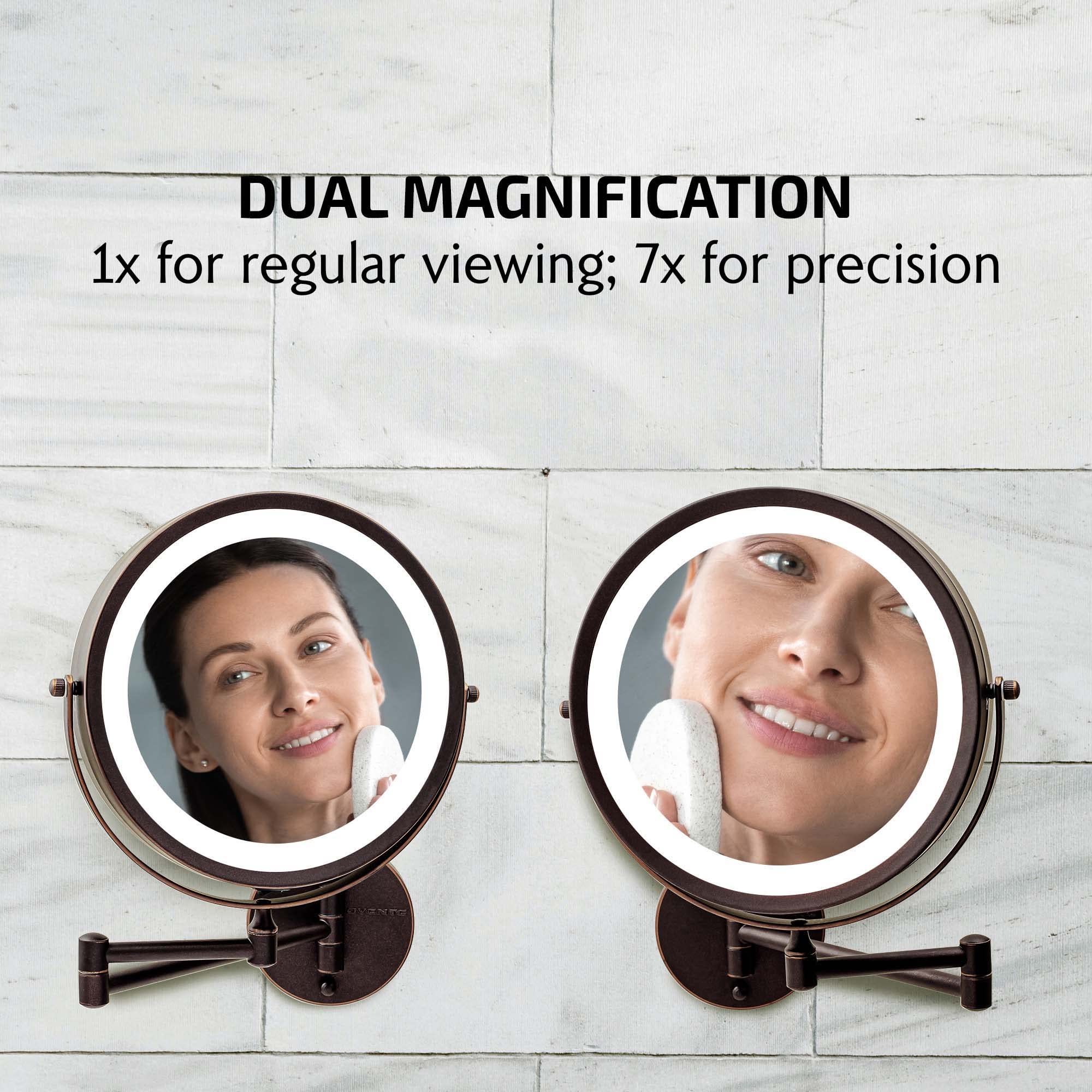 Ovente 9'' Lighted Wall Mount Makeup Mirror With 1X/7X Magnification, Cordless Double Sided Magnifying Round Vanity Mirror, 360