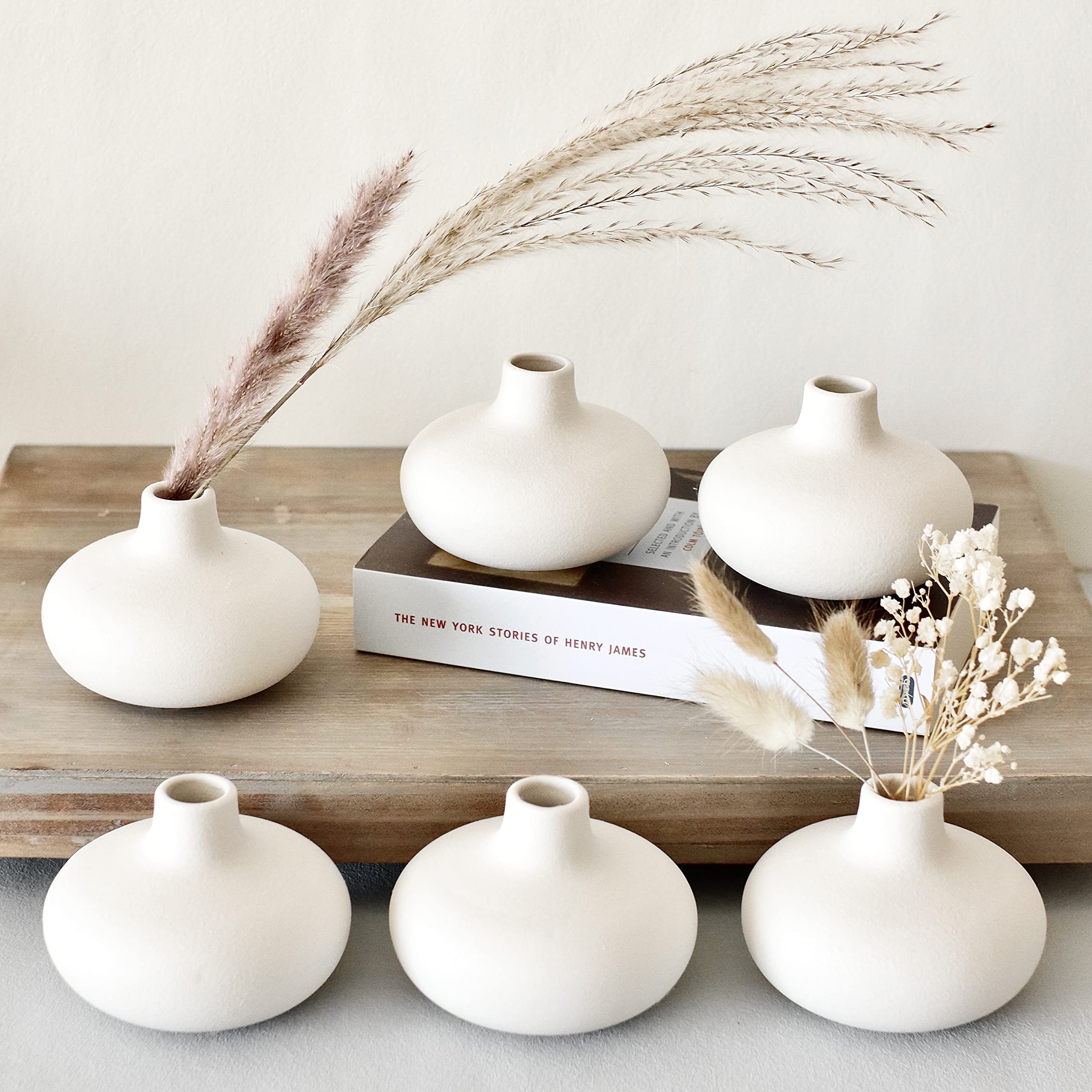 Carrots Den - Set of 6 Nordic Minimalist White Ceramic Donut Bud Vases for Decor | Modern Boho Vases for Dry Flowers + House Pl
