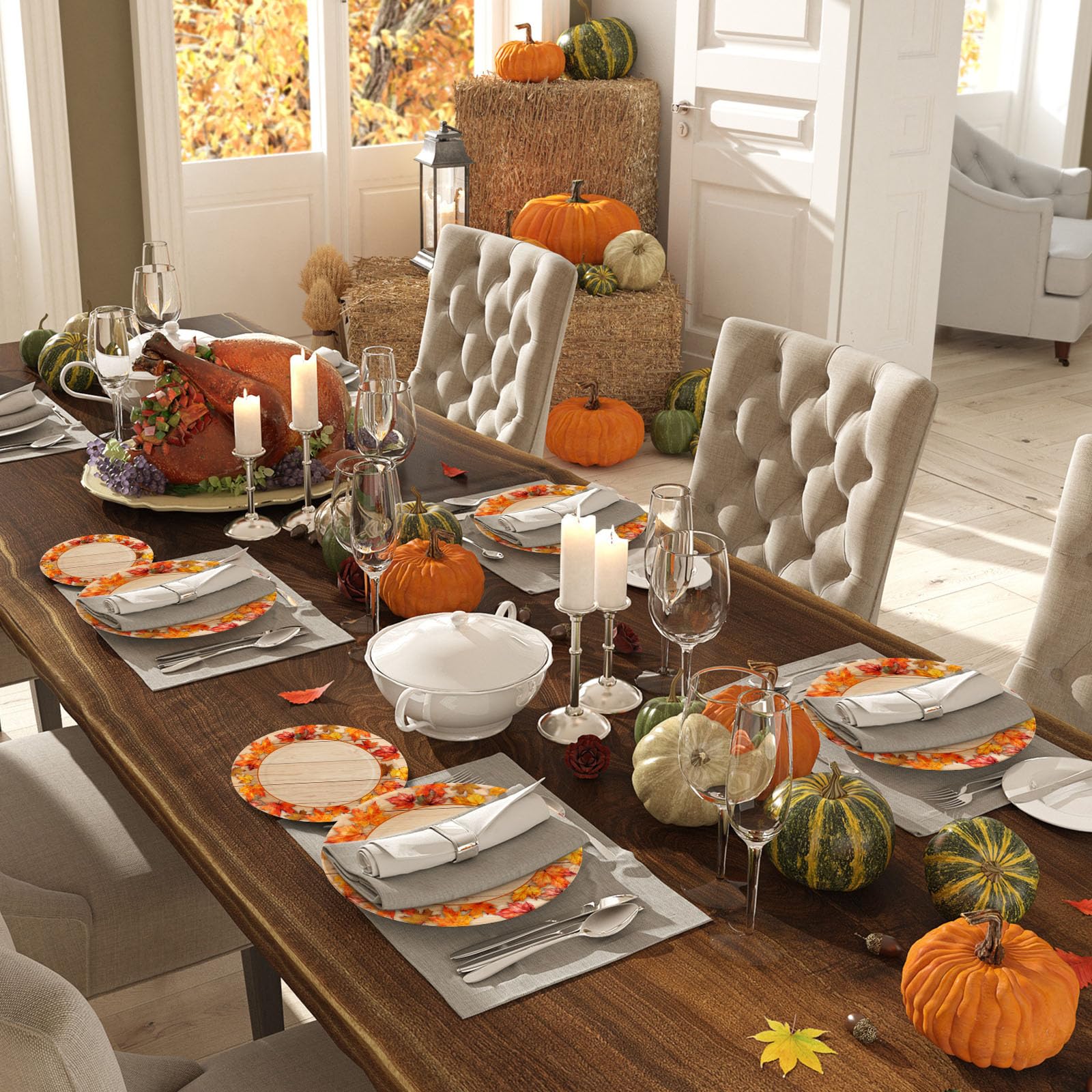 Havawish 120 Pcs Thanksgiving Fall Paper Plates 7 Inch and 9 Inch Autumn Harvest Disposable Dinner Paper Goods Fall Leaf Pumpkin