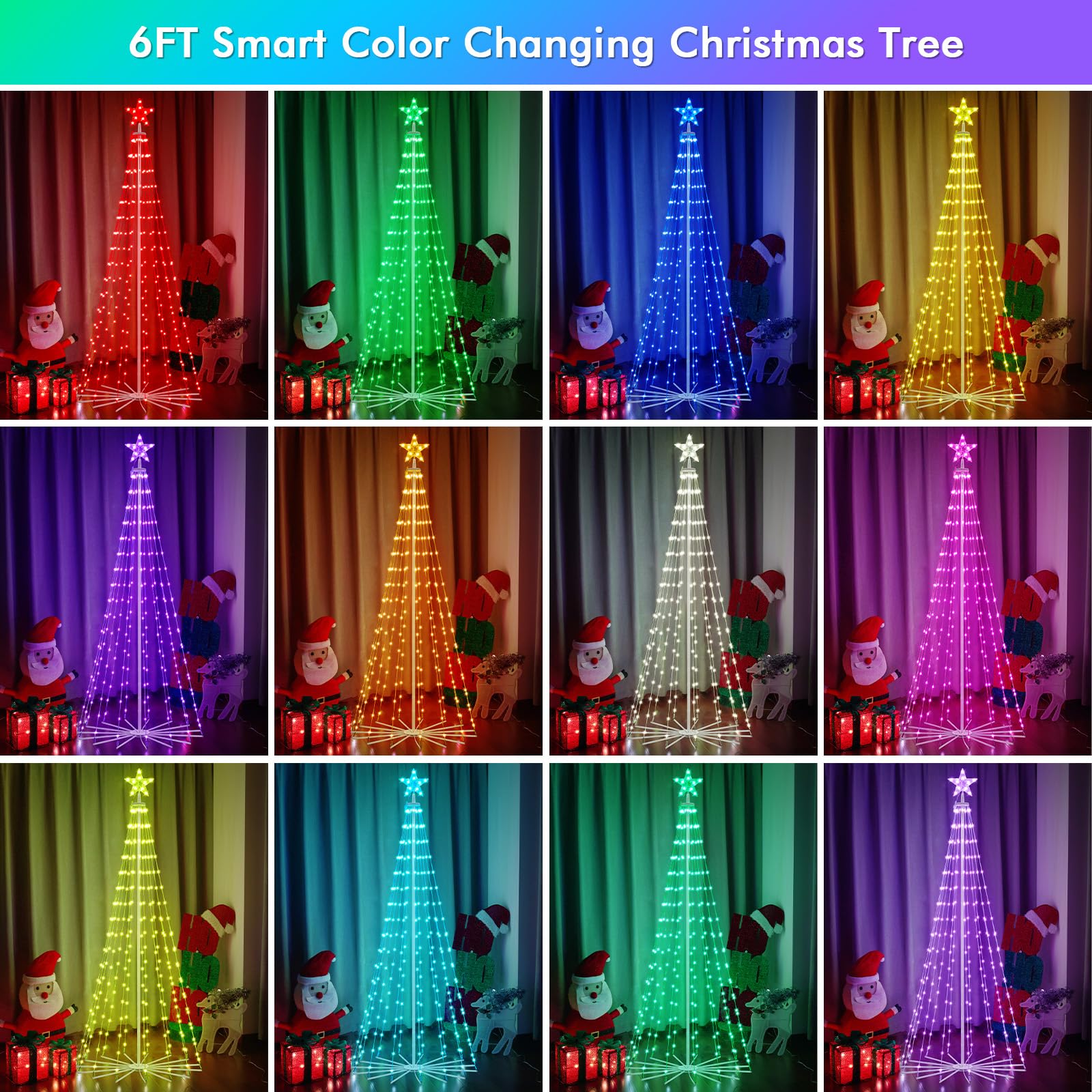 HOLILLUMA 6FT Outdoor Christmas Tree, RGB Color Changing Pre-lit Smart Cone Christmas Tree with LED Lights, App&Remote Control,