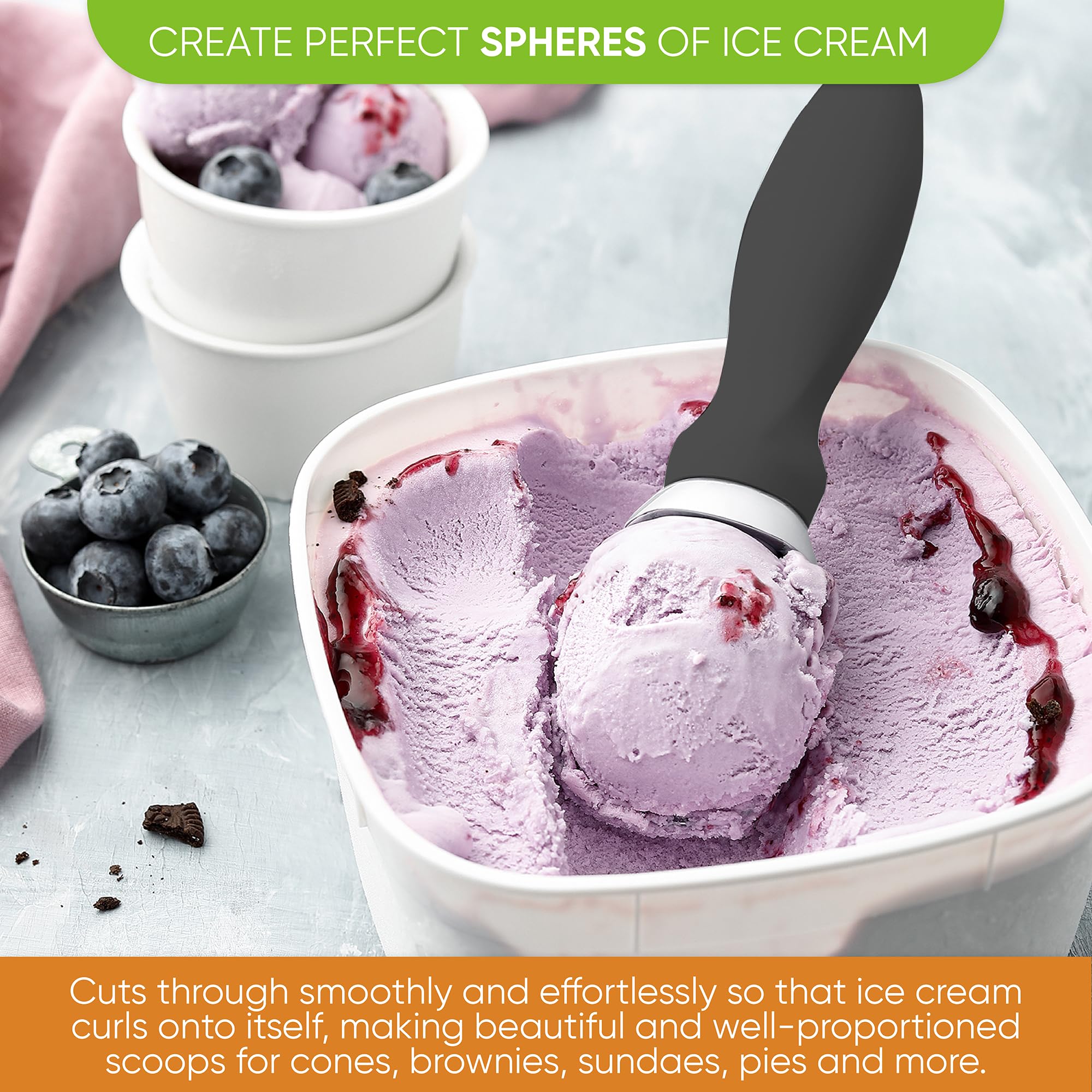 Spring Chef Gray Heavy Duty Ice Cream Scoop With Comfortable Soft Grip Handle, Dishwasher Safe Ice Cream Scooper, Professional M