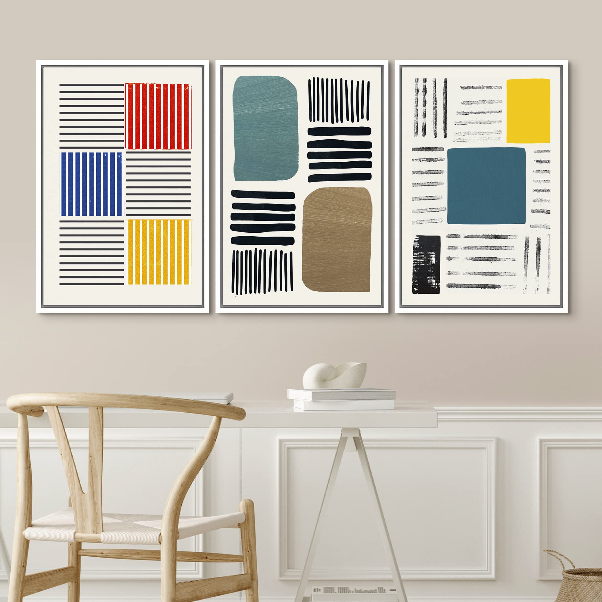 Idea4Wall Framed Canvas Print Wall Art Set Mid-Century Colorful Color Block Stripes Abstract Shapes Illustrations Minimalism Boh