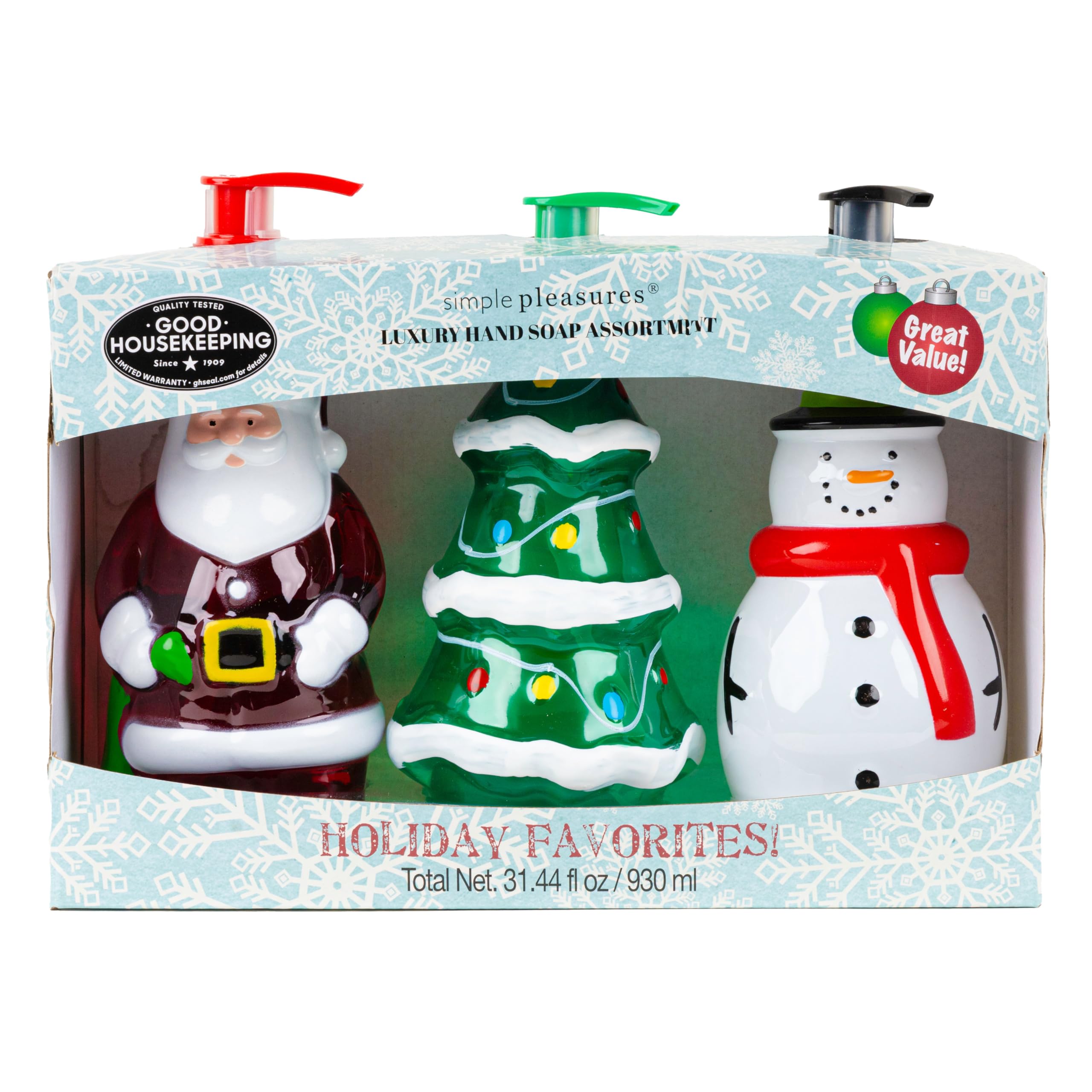 Simple Pleasures Holiday Soap Dispenser - Snowman, Santa & Christmas Tree With Scented Liquid Soap - Decorative Hand Pump Refill