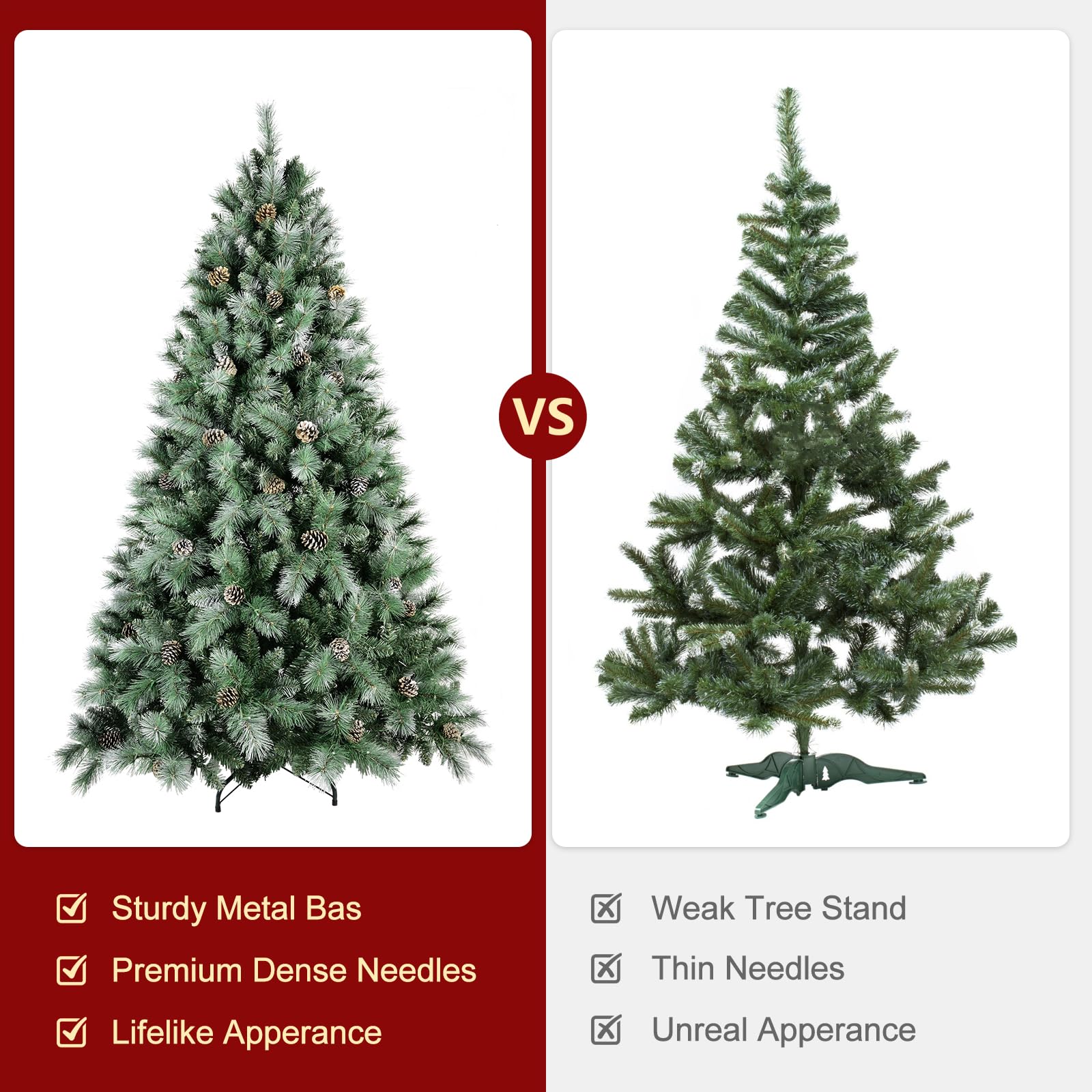Blusxwish 8ft Snow Tips Christmas Tree with Pine Cones, Pre-Decorated & Easy Setup Unlit Hinged Artificial Xmas Tree for Indoor