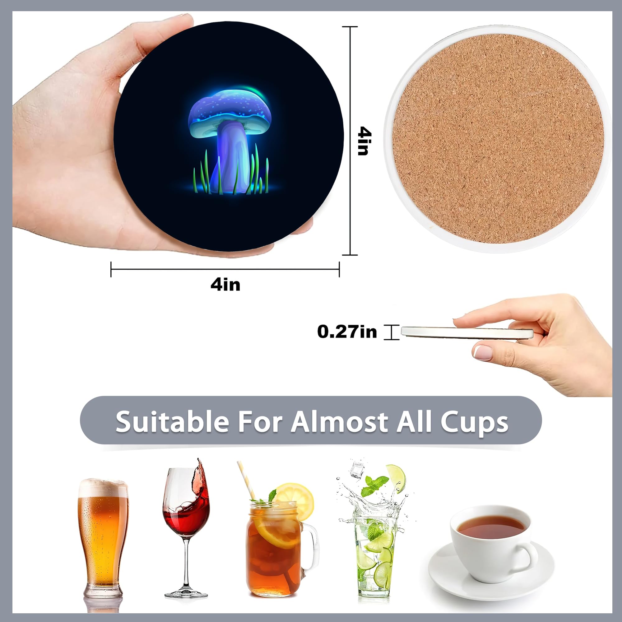 6 Pcs Coasters For Drinks With Holder,Magical Glowing Mushrooms Absorbent Coaster With Cork Backing,Great Gift For Housewarming,