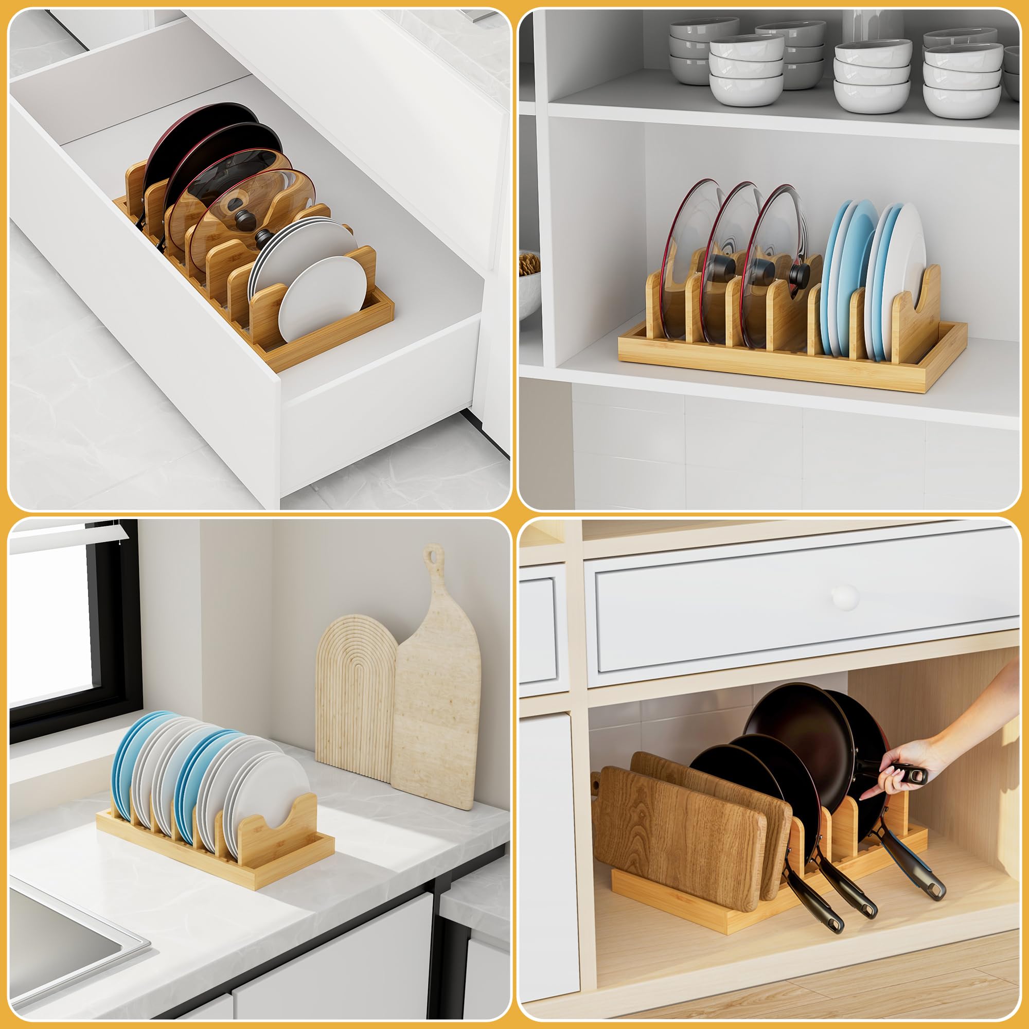 Bamboo Pot Lid Organizer Pot Lid Holder, Pot And Pan Organizer Drawer Organizer For Pot Lids, Pans, Cutting Boards & Baking Shee