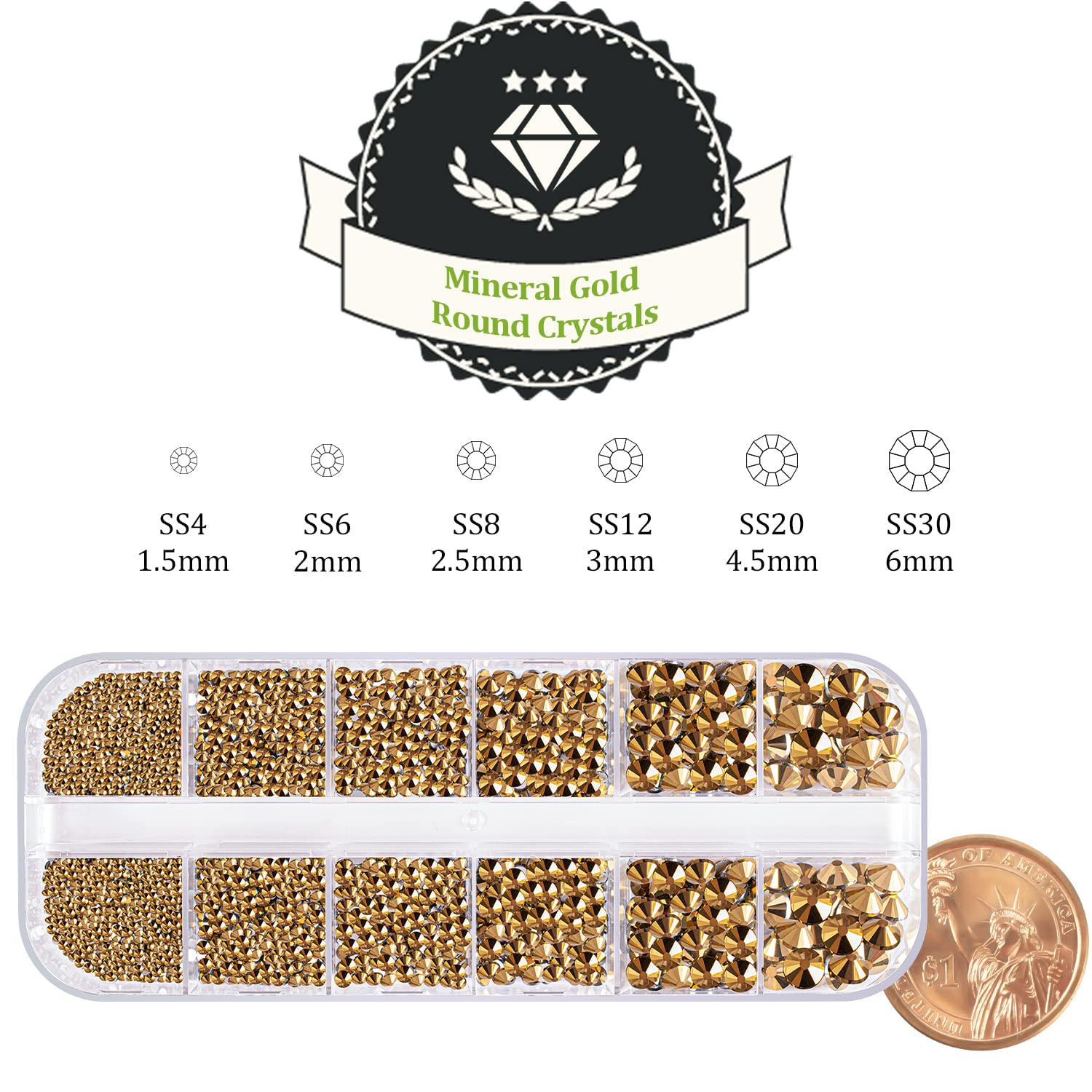 One Pack 2000 Pcs Of Flatback Round Mineral Gold Rhinestones 6 Sizes (15-6 Mm) With Nail Art Rhinestone Picker Pencil And Tweeze
