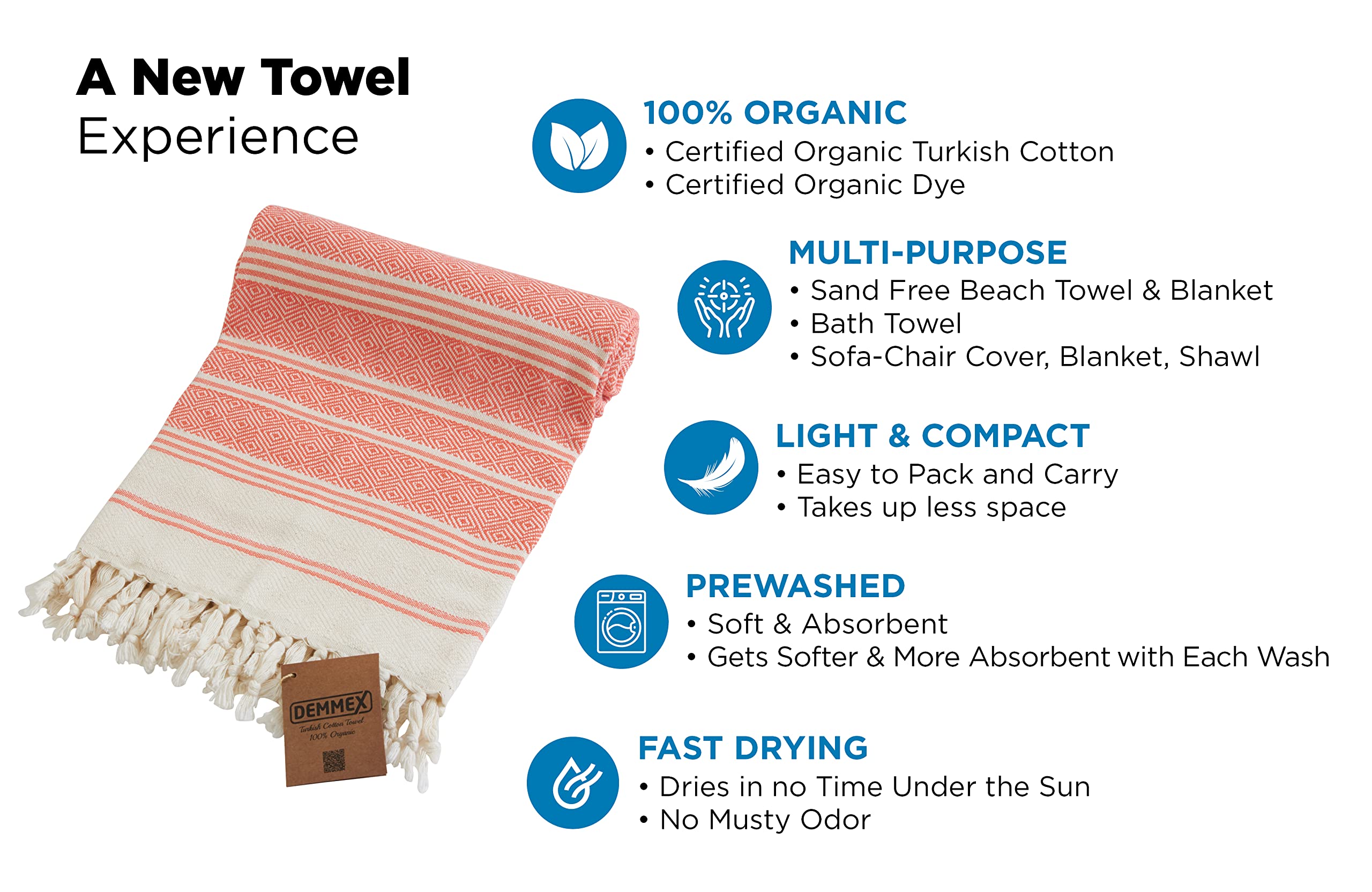 Demmex Certified Organic Turkish Cotton Beach And Bath Towel, Peshtemal Towel Blanket, Prewashed, Diamond Weave, 71X36 Inches (C
