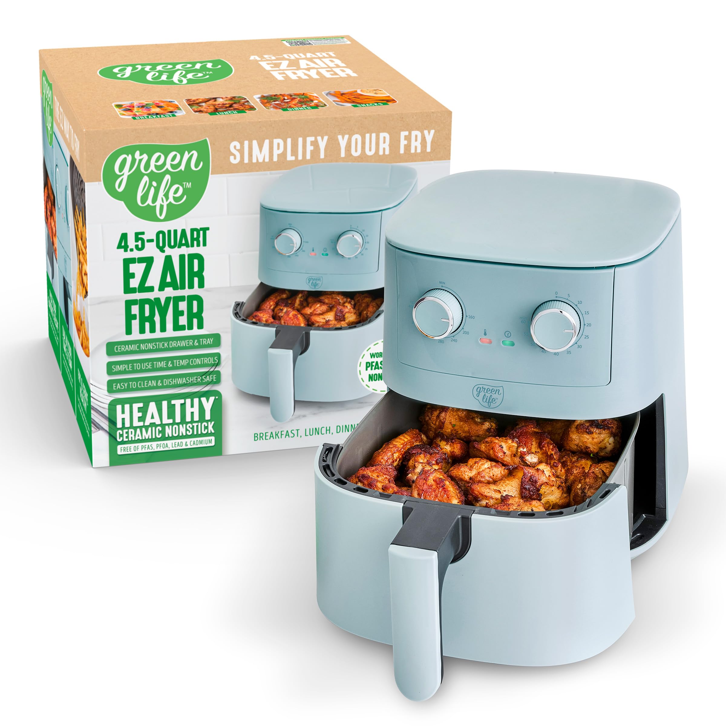 GreenLife 4.5QT Air Fryer, Mechanical Dial Controls, PFAS-Free Ceramic Nonstick Drawer, Adjustable Temp & Timer, LED Indicator, 