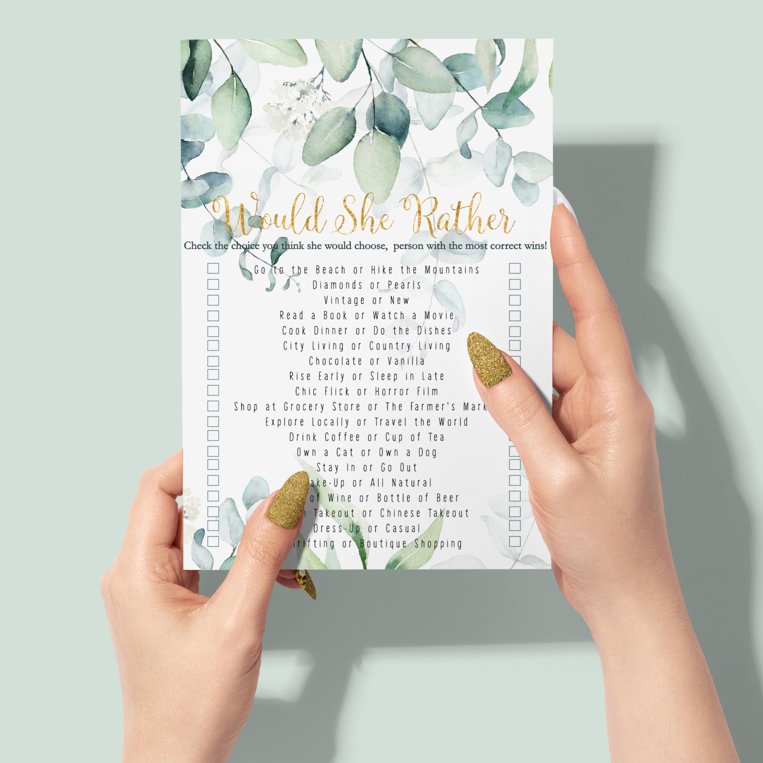 Greenery Bridal Shower Games - 25 Cards - Who Knows The Bride Best & Would She Rather - Rustic Botanical Designs For Wedding Rec