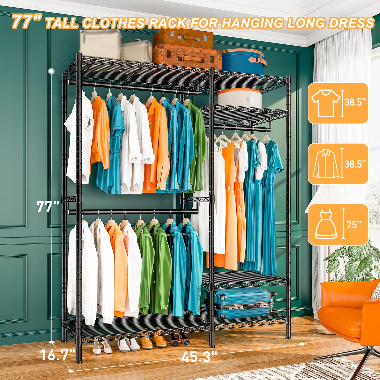 Raybee 79'' H Clothing Rack With Wheels Load 770Lbs Heavy Duty Clothes Racks For Hanging Clothes Portable And Adjustable 79'' H