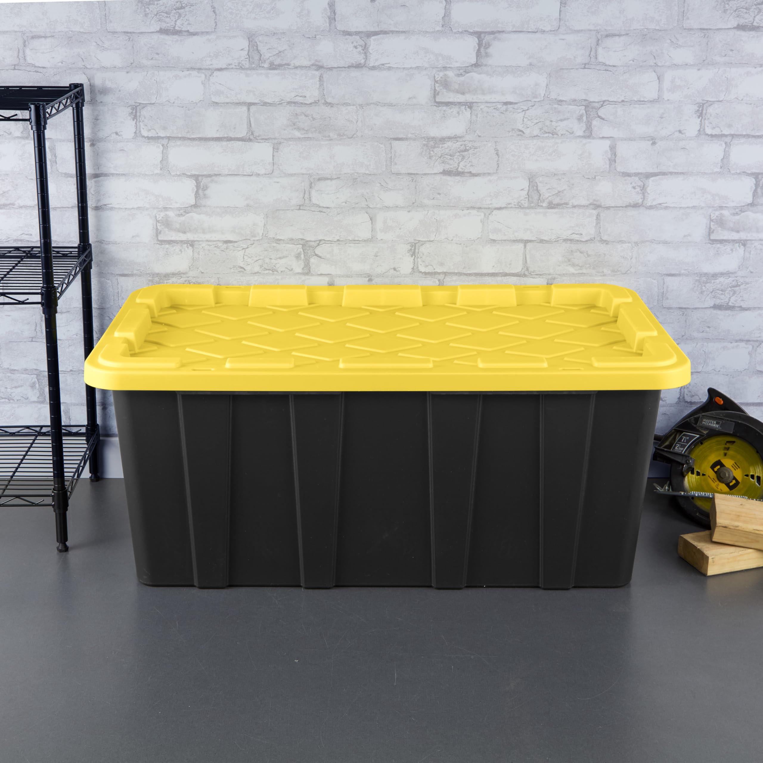 Sterilite 38 Gal Industrial Tote, Stackable Storage Bin With Snap-Fit Lid For Garage, Basement & Attic Storage, Black Base And Y